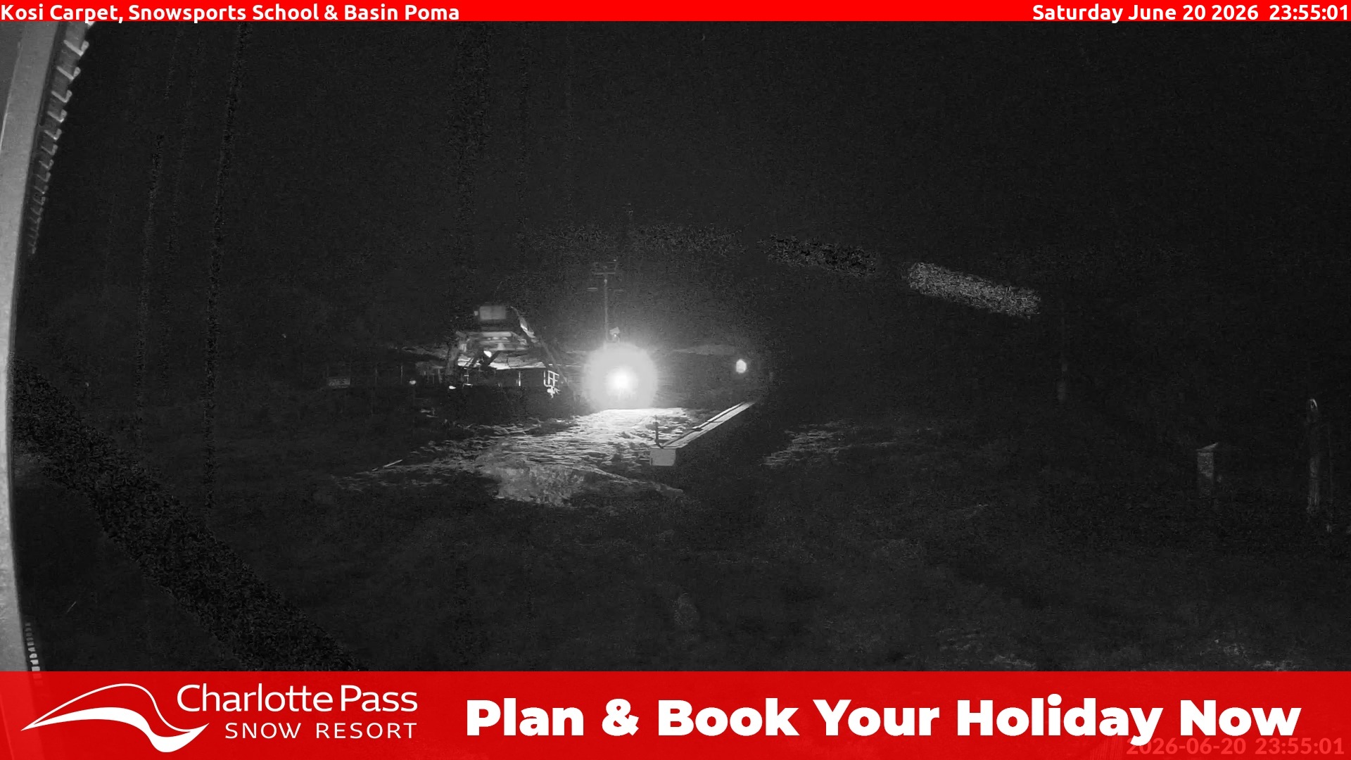 Charlotte Pass Kosi Carpet, Snowsports School and Basin Poma snow cam captured at 20 June 2026 at 11:58 pm AEST