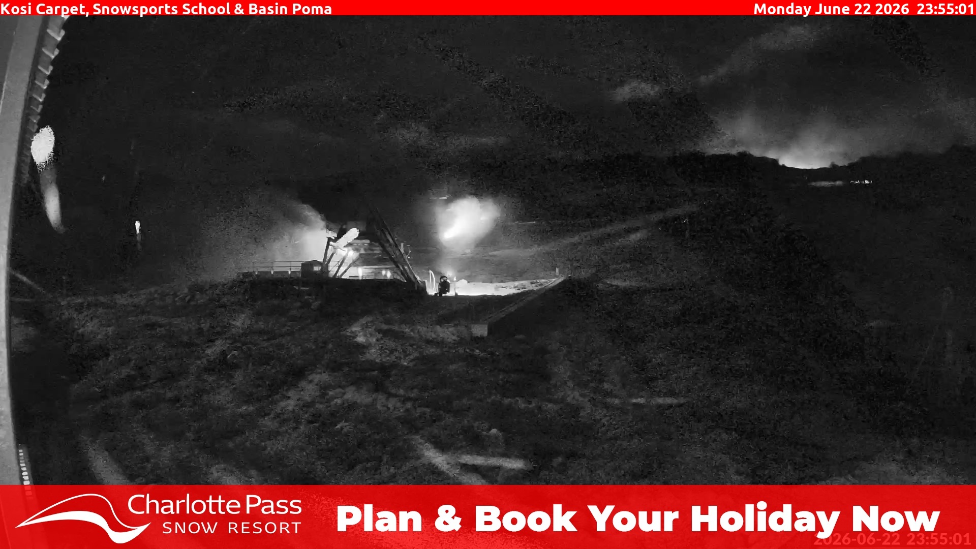 Charlotte Pass Kosi Carpet, Snowsports School and Basin Poma snow cam captured at 22 June 2026 at 11:58 pm AEST