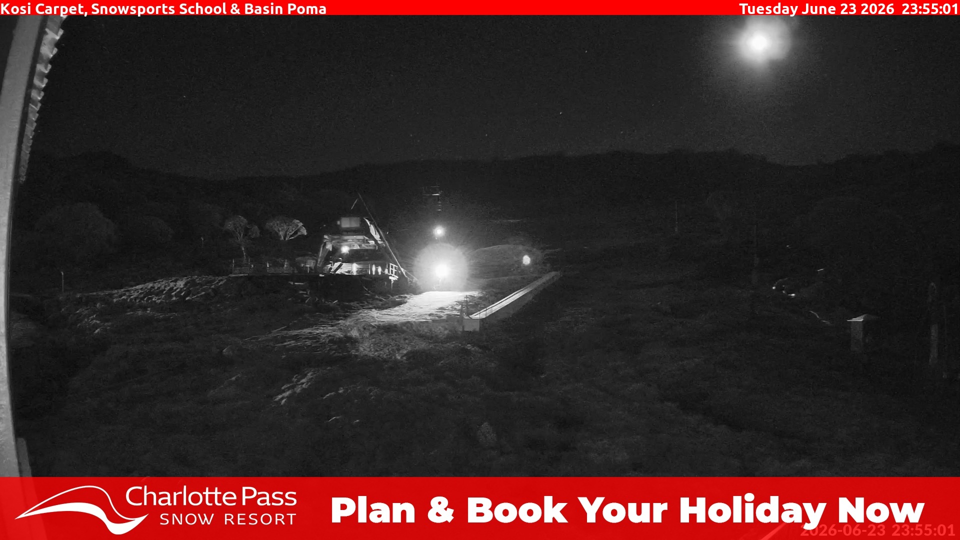 Charlotte Pass Kosi Carpet, Snowsports School and Basin Poma snow cam captured at 23 June 2026 at 11:57 pm AEST