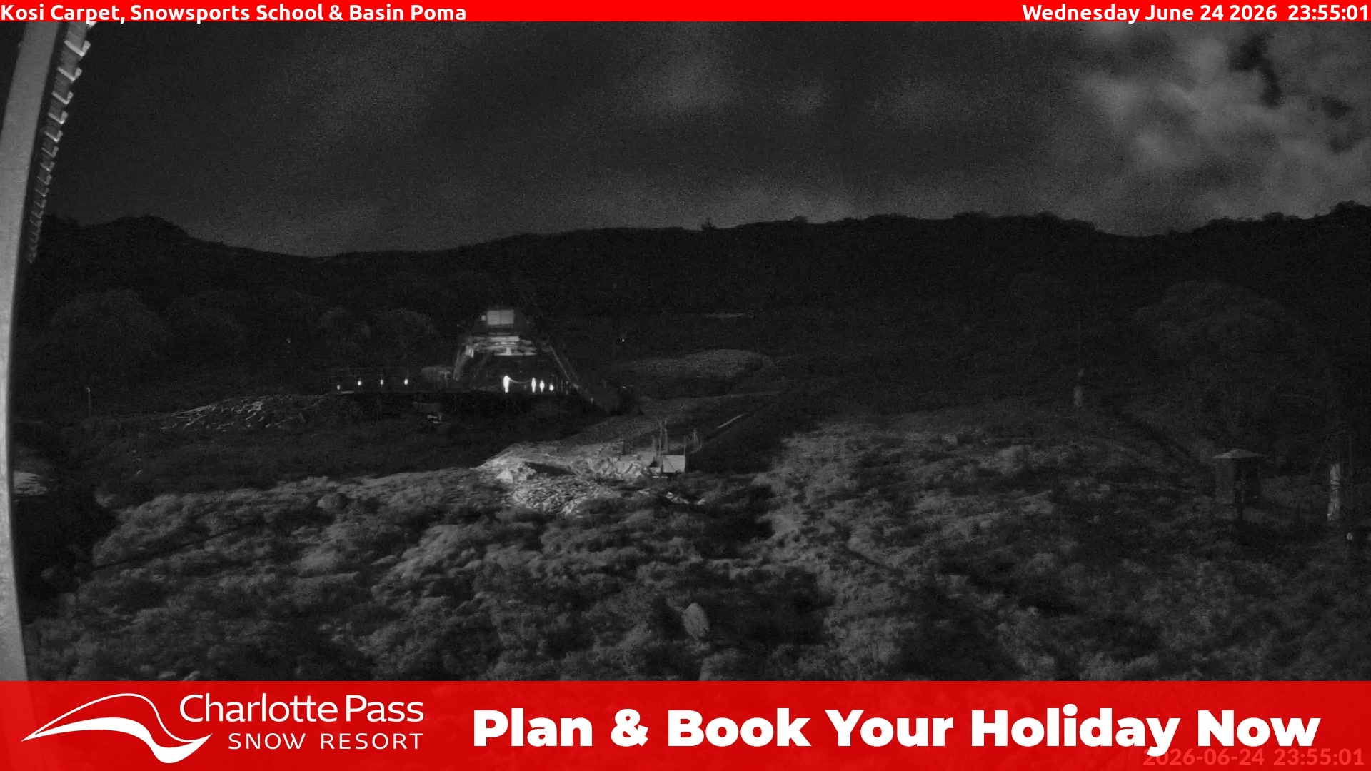 Charlotte Pass Kosi Carpet, Snowsports School and Basin Poma snow cam captured at 24 June 2026 at 11:55 pm AEST