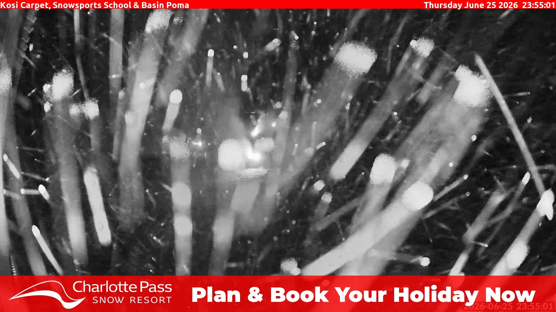 Charlotte Pass Kosi Carpet, Snowsports School and Basin Poma snow cam captured at 25 June 2026 at 11:57 pm AEST