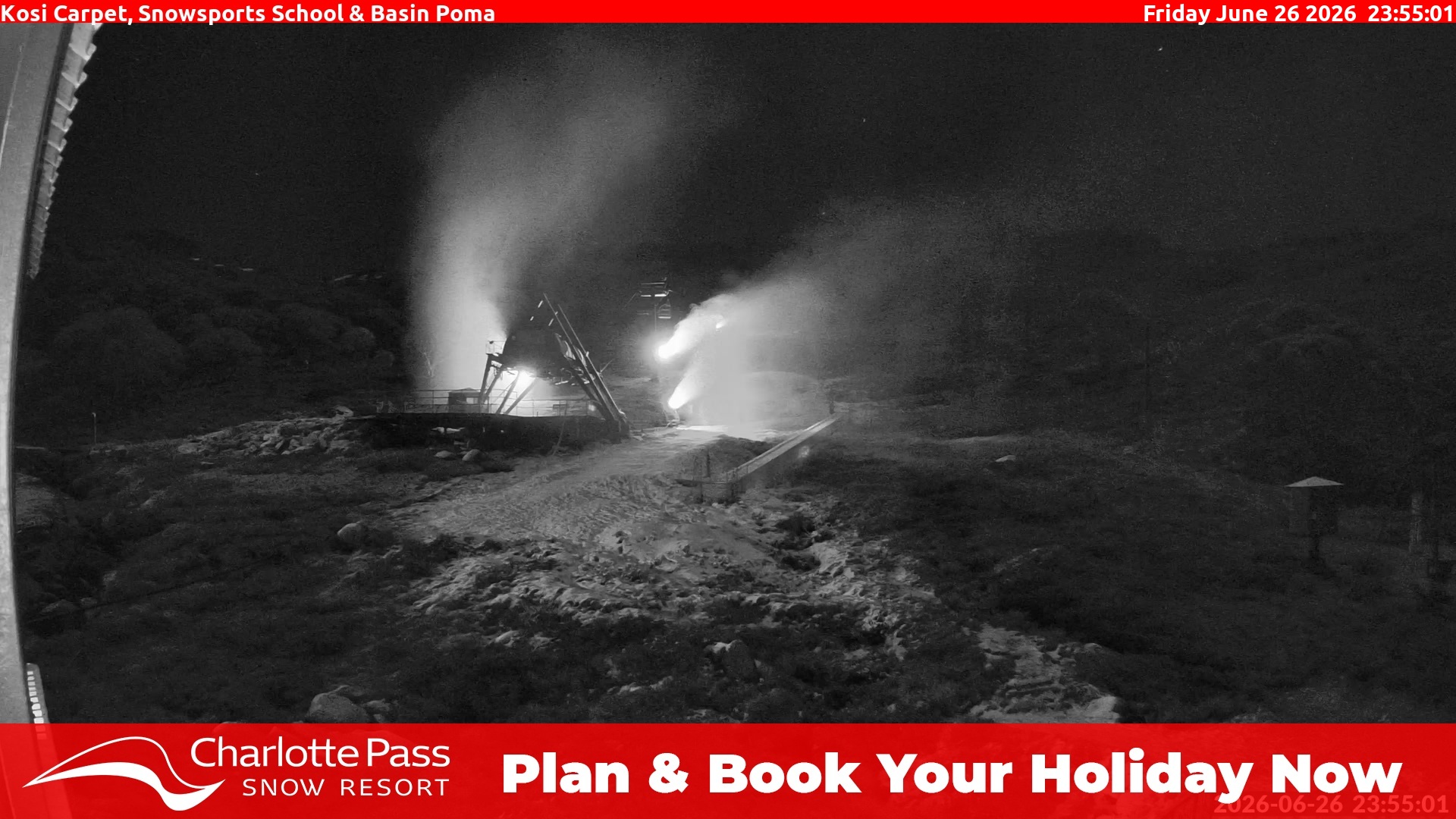 Charlotte Pass Kosi Carpet, Snowsports School and Basin Poma snow cam captured at 26 June 2026 at 11:59 pm AEST