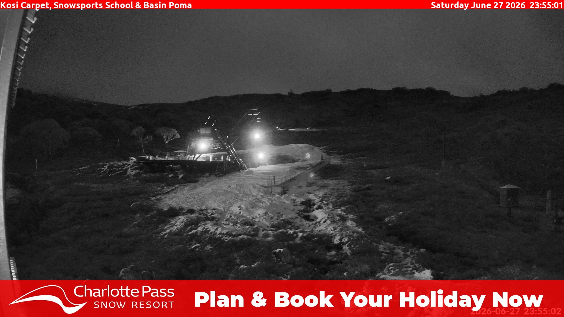 Charlotte Pass Kosi Carpet, Snowsports School and Basin Poma snow cam captured at 27 June 2026 at 11:55 pm AEST