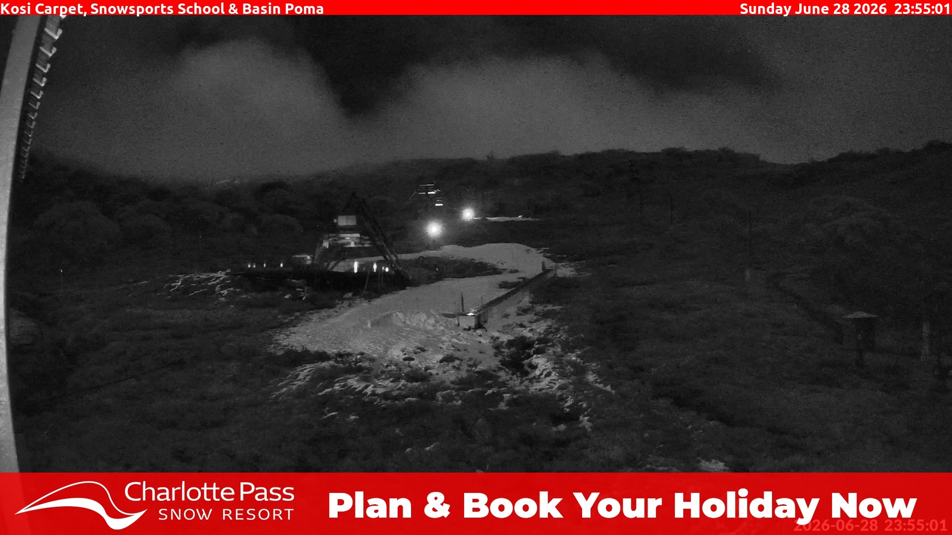 Charlotte Pass Kosi Carpet, Snowsports School and Basin Poma snow cam captured at 28 June 2026 at 11:57 pm AEST