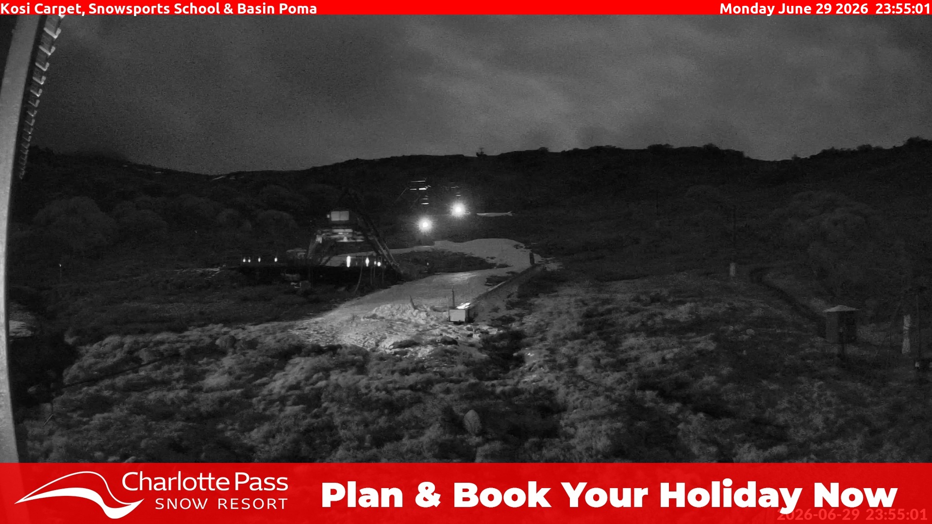 Charlotte Pass Kosi Carpet, Snowsports School and Basin Poma snow cam captured at 29 June 2026 at 11:56 pm AEST