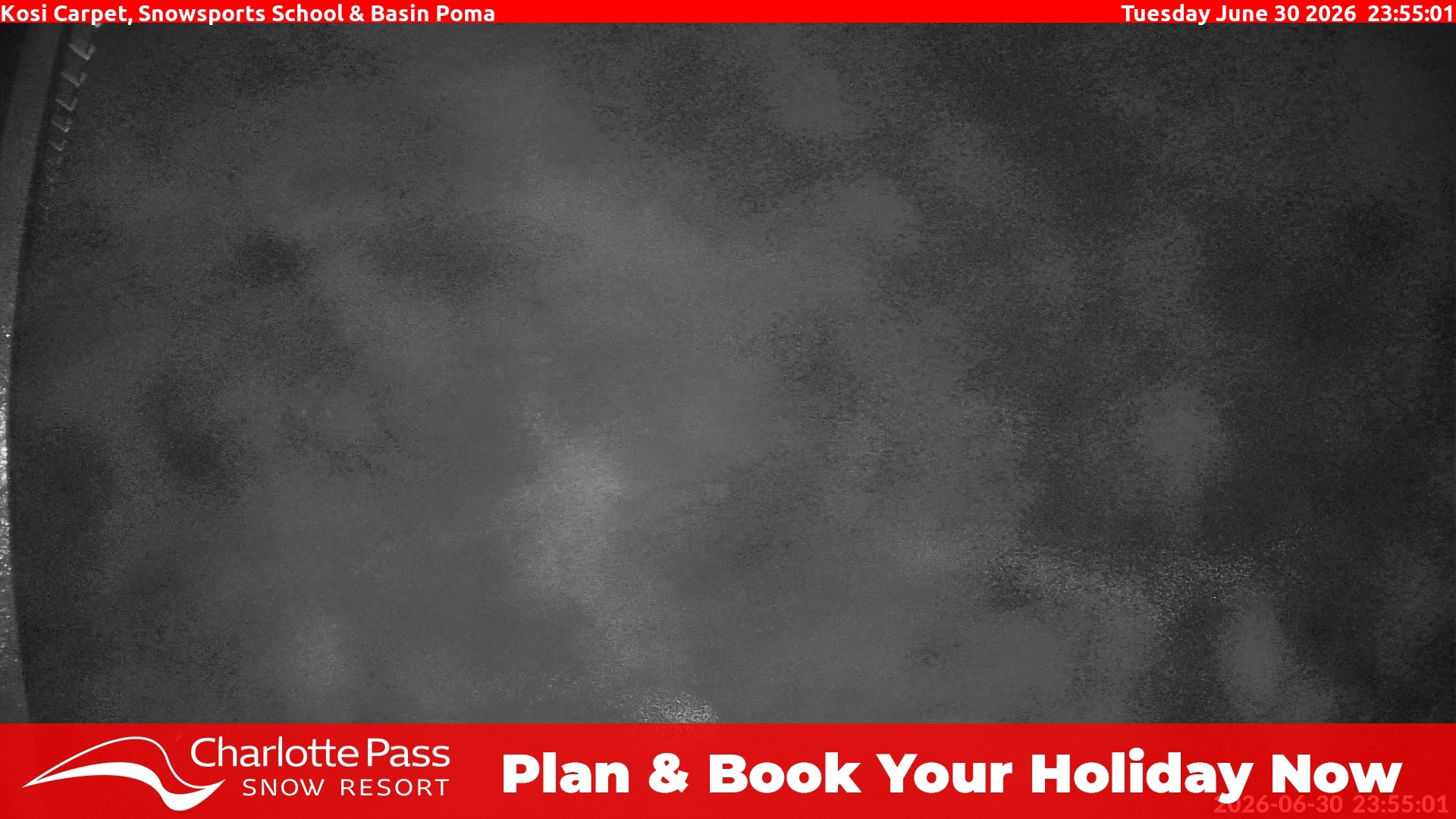 Charlotte Pass Kosi Carpet, Snowsports School and Basin Poma snow cam captured at 30 June 2026 at 11:56 pm AEST