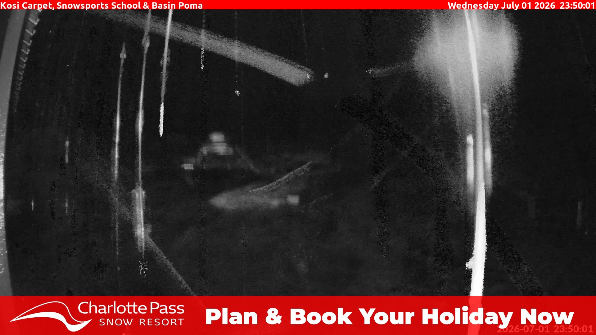 Charlotte Pass Kosi Carpet, Snowsports School and Basin Poma snow cam captured at 1 July 2026 at 11:51 pm AEST
