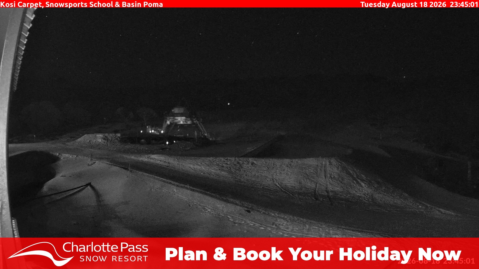 Charlotte Pass Kosi Carpet, Snowsports School and Basin Poma snow cam captured at 18 August 2026 at 11:49 pm AEST