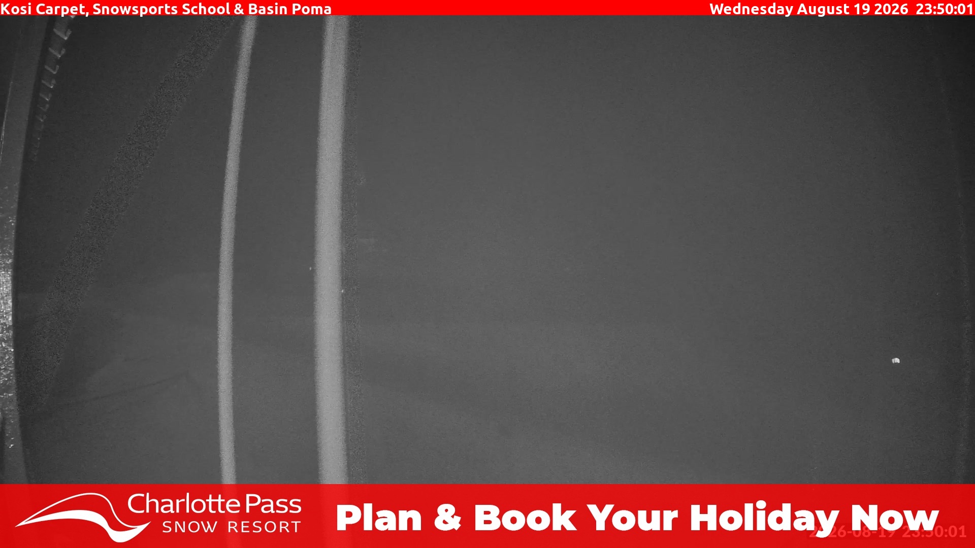 Charlotte Pass Kosi Carpet, Snowsports School and Basin Poma snow cam captured at 19 August 2026 at 11:53 pm AEST