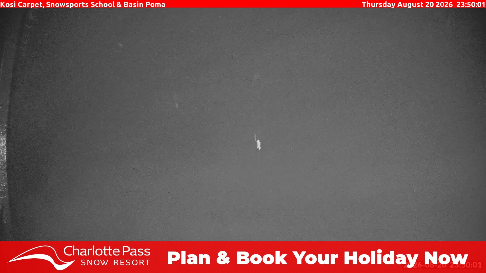 Charlotte Pass Kosi Carpet, Snowsports School and Basin Poma snow cam captured at 20 August 2026 at 11:54 pm AEST