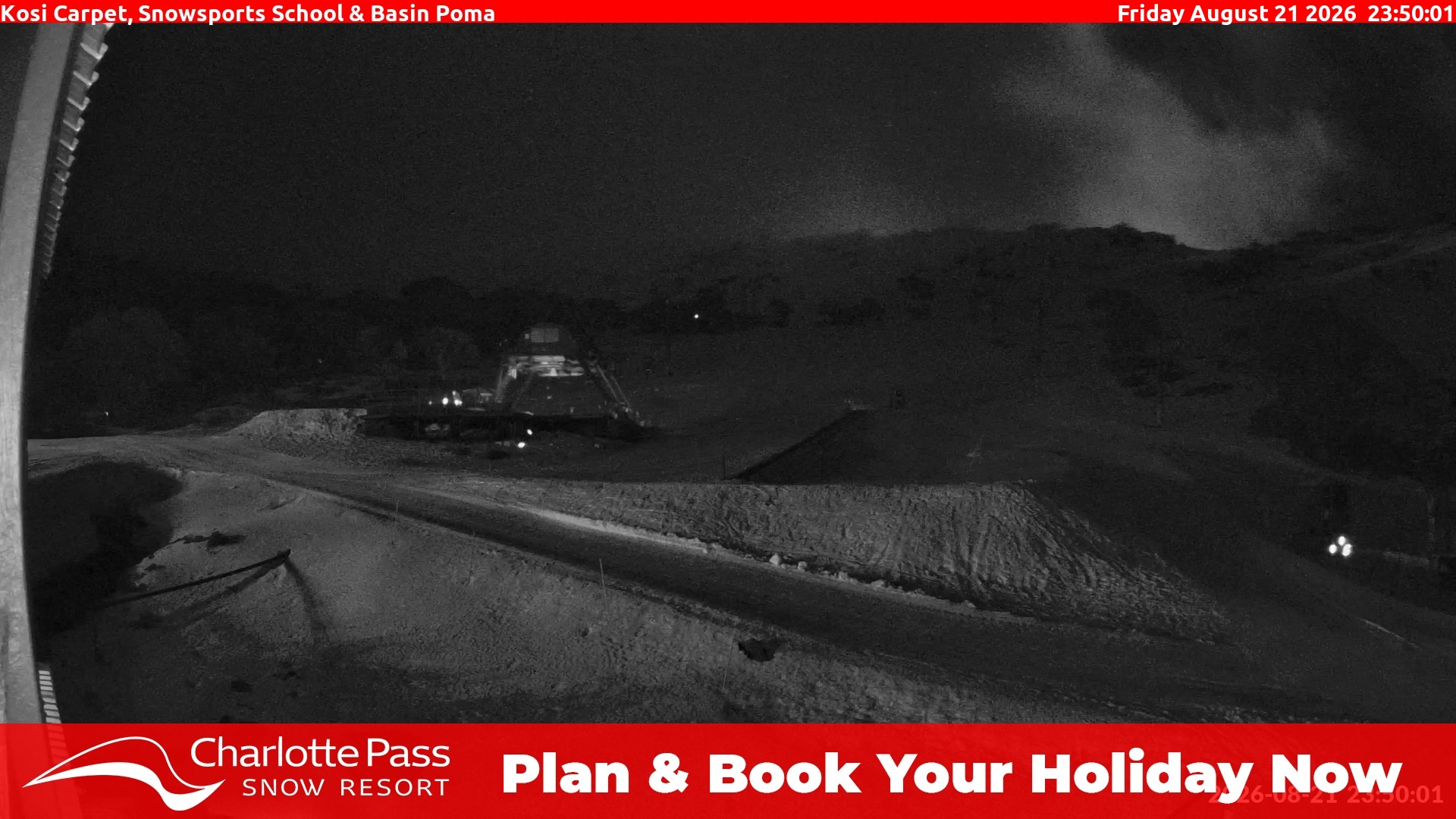 Charlotte Pass Kosi Carpet, Snowsports School and Basin Poma snow cam captured at 21 August 2026 at 11:55 pm AEST