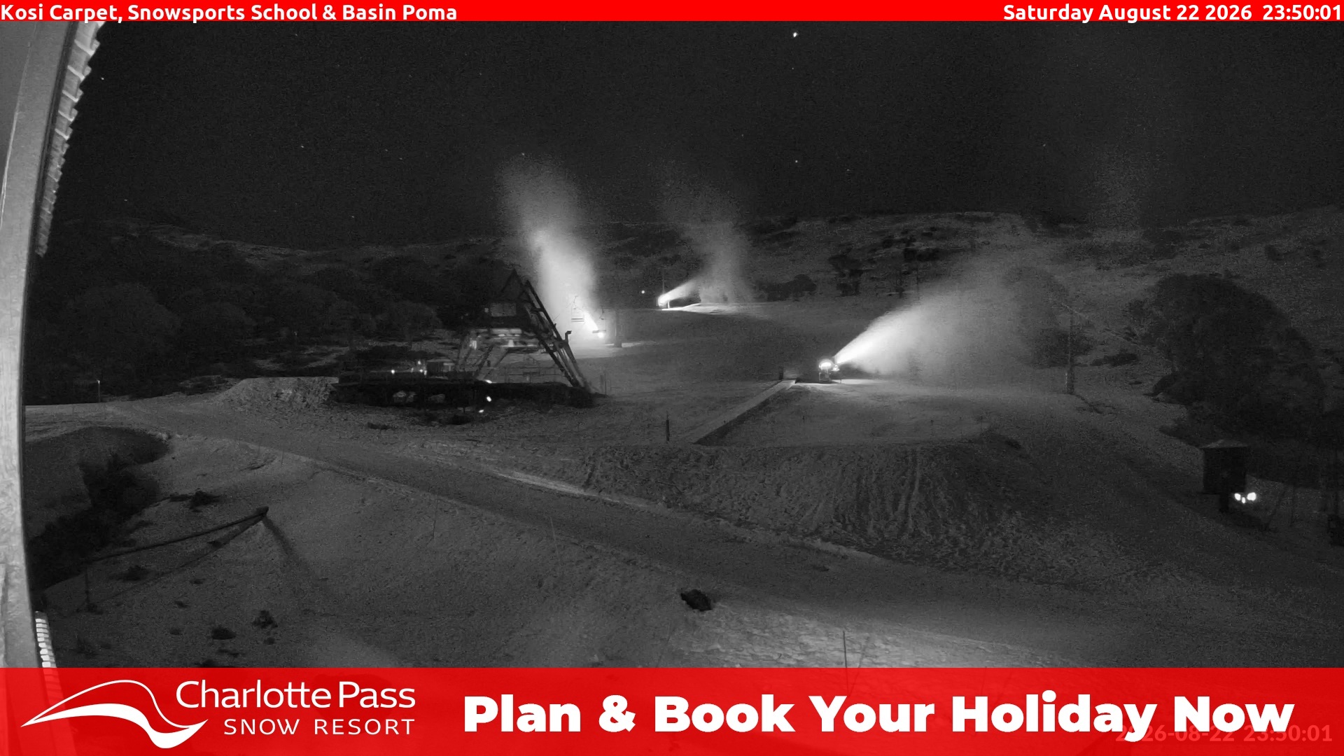 Charlotte Pass Kosi Carpet, Snowsports School and Basin Poma snow cam captured at 22 August 2026 at 11:56 pm AEST