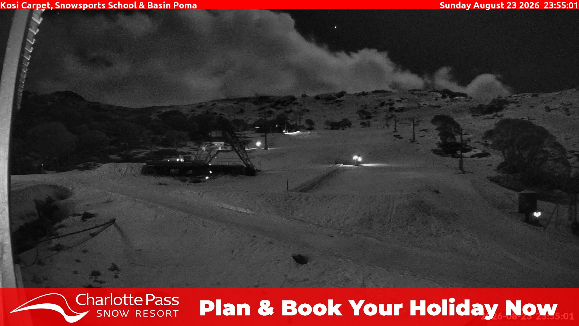 Charlotte Pass Kosi Carpet, Snowsports School and Basin Poma snow cam captured at 23 August 2026 at 11:57 pm AEST