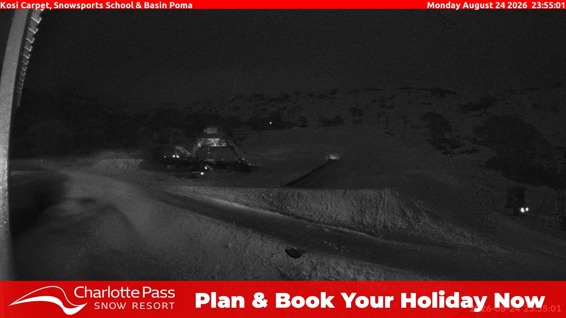 Charlotte Pass Kosi Carpet, Snowsports School and Basin Poma snow cam captured at 24 August 2026 at 11:58 pm AEST