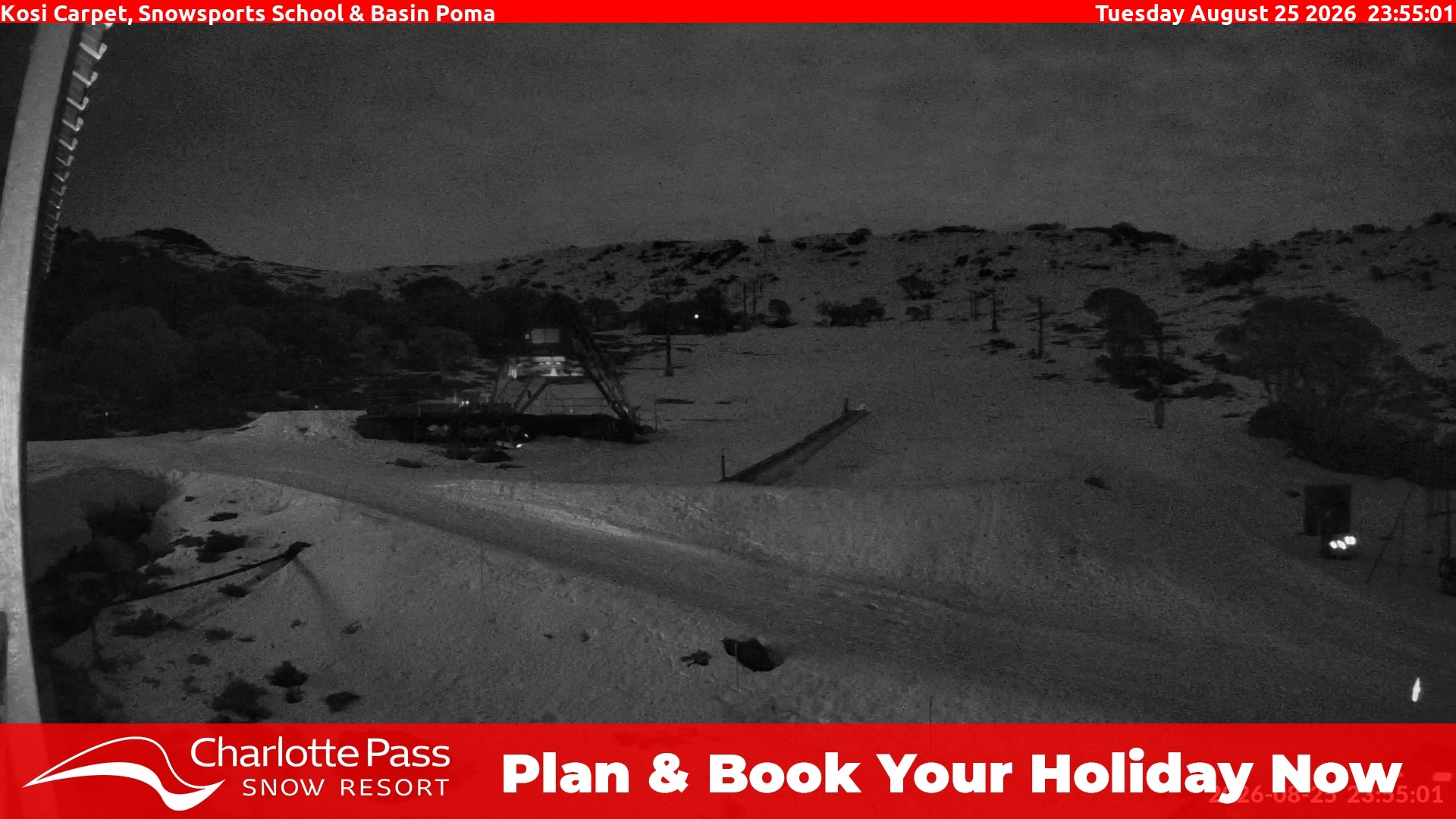 Charlotte Pass Kosi Carpet, Snowsports School and Basin Poma snow cam captured at 25 August 2026 at 11:59 pm AEST