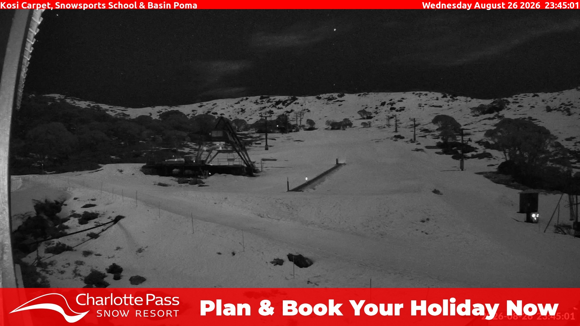 Charlotte Pass Kosi Carpet, Snowsports School and Basin Poma snow cam captured at 26 August 2026 at 11:49 pm AEST
