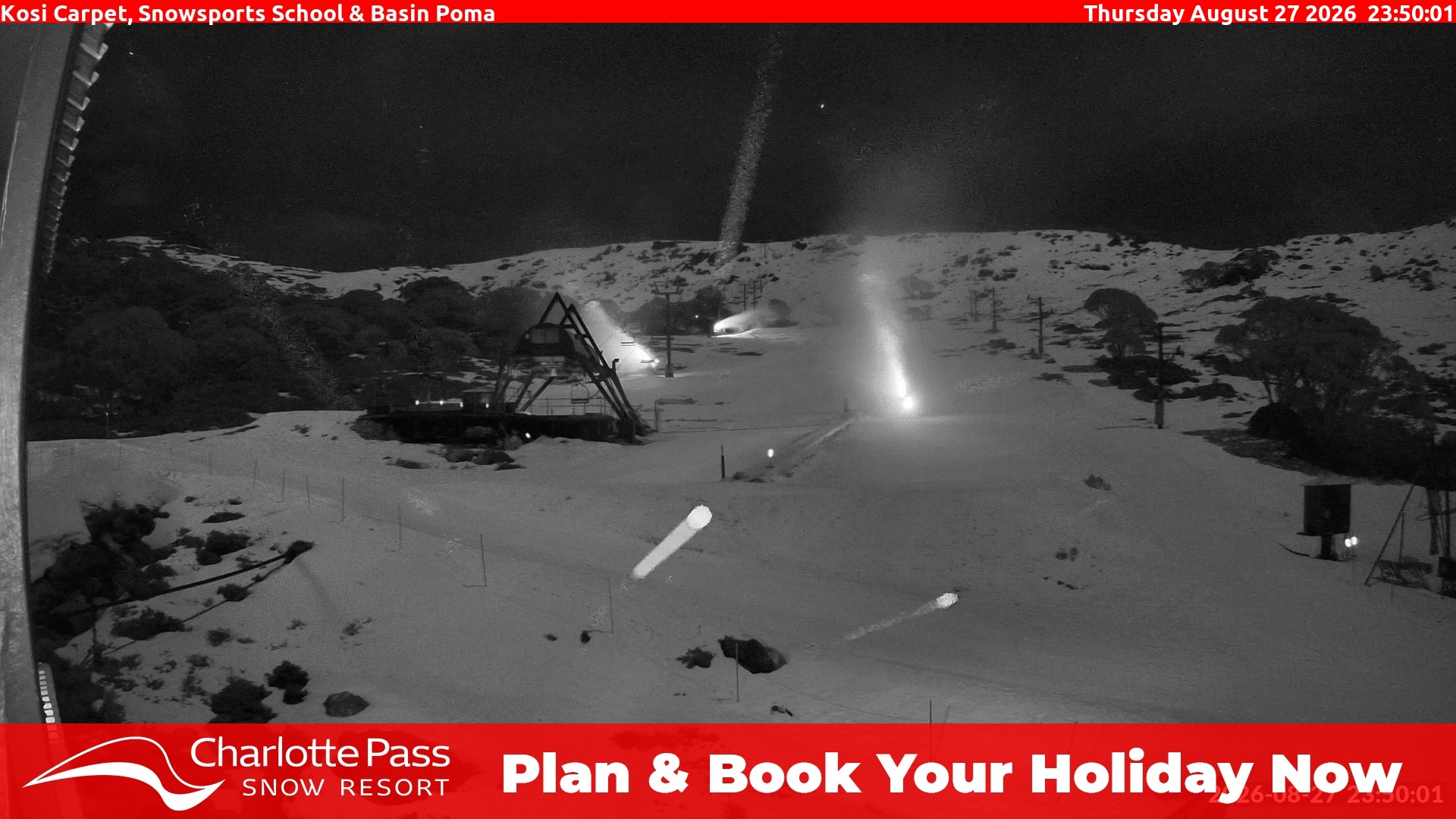 Charlotte Pass Kosi Carpet, Snowsports School and Basin Poma snow cam captured at 27 August 2026 at 11:50 pm AEST