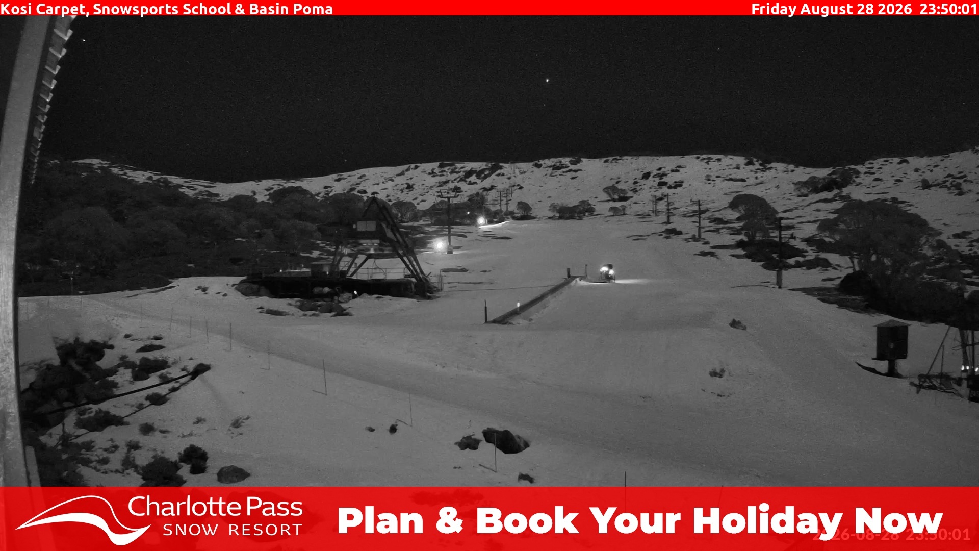 Charlotte Pass Kosi Carpet, Snowsports School and Basin Poma snow cam captured at 28 August 2026 at 11:51 pm AEST