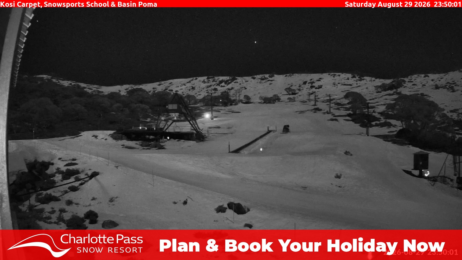 Charlotte Pass Kosi Carpet, Snowsports School and Basin Poma snow cam captured at 29 August 2026 at 11:52 pm AEST
