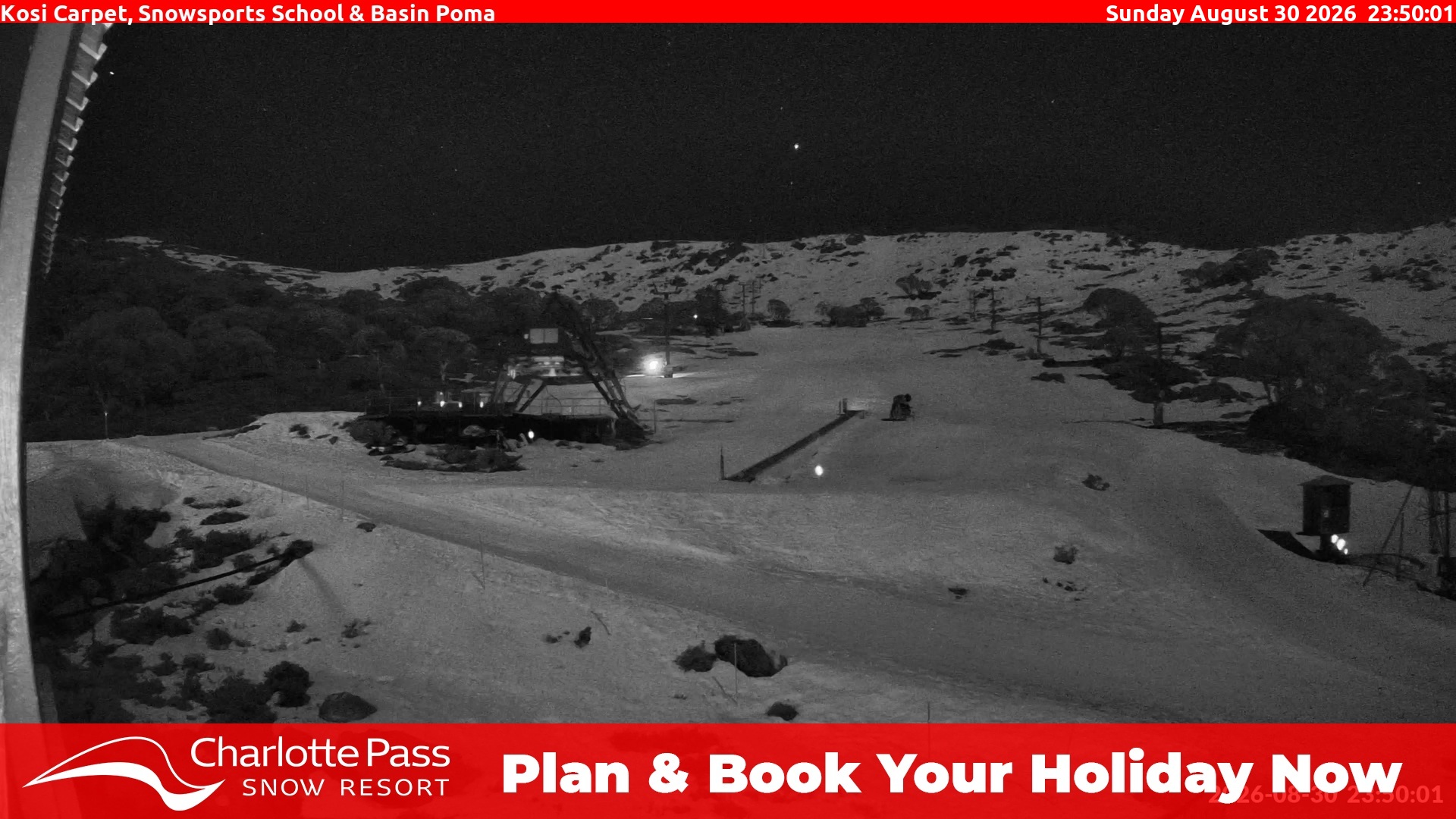 Charlotte Pass Kosi Carpet, Snowsports School and Basin Poma snow cam captured at 30 August 2026 at 11:53 pm AEST