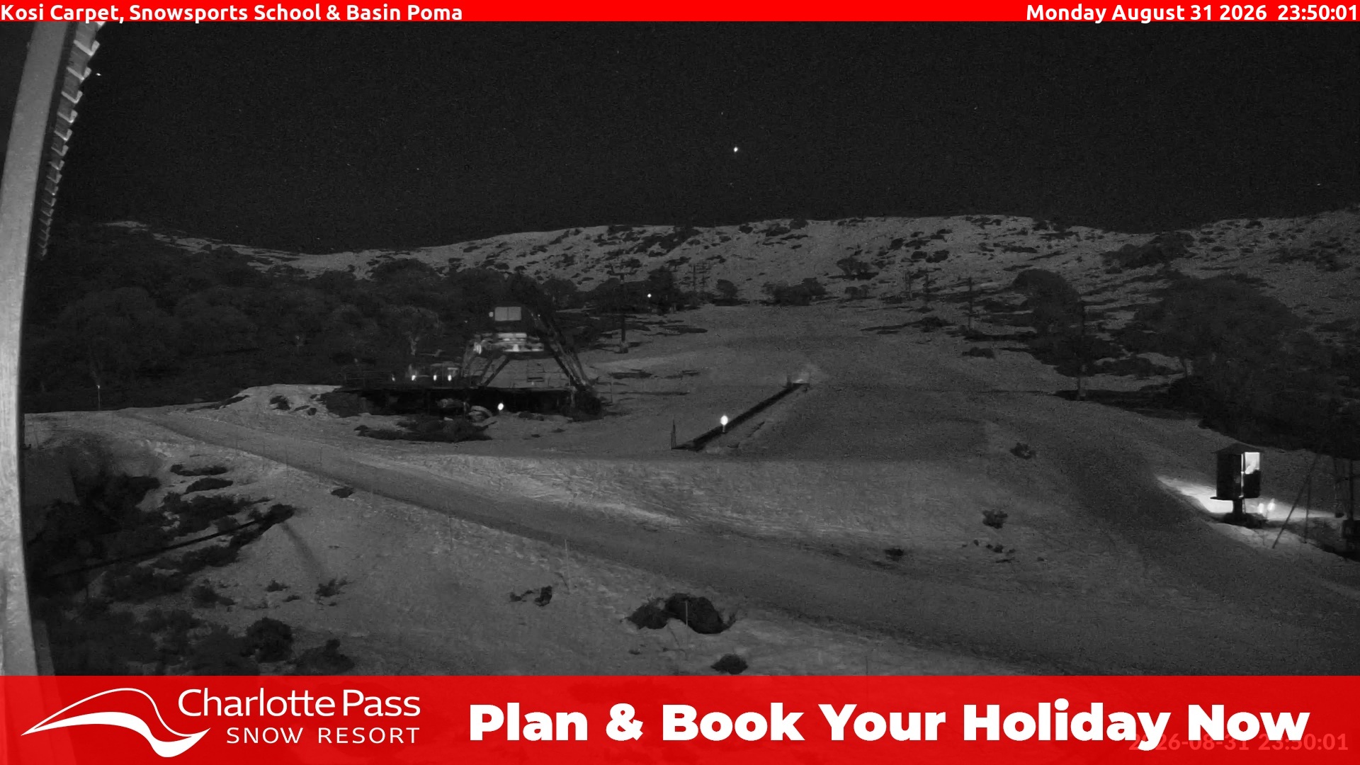 Charlotte Pass Kosi Carpet, Snowsports School and Basin Poma snow cam captured at 31 August 2026 at 11:54 pm AEST