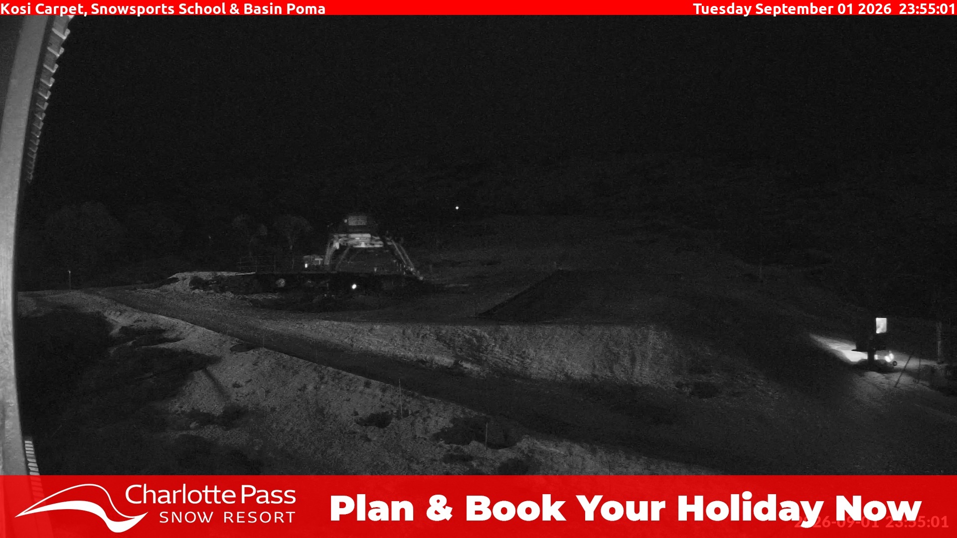 Charlotte Pass Kosi Carpet, Snowsports School and Basin Poma snow cam captured at 1 September 2026 at 11:55 pm AEST