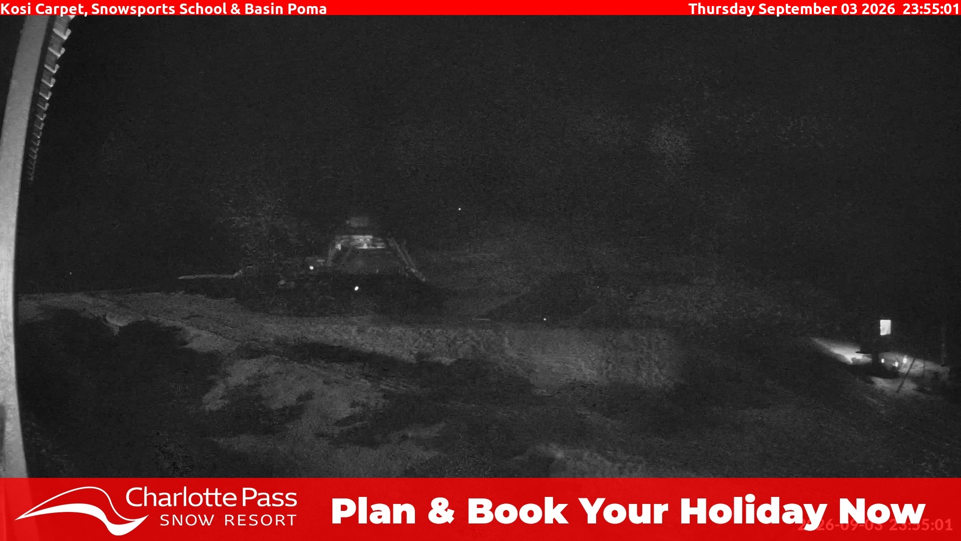 Charlotte Pass Kosi Carpet, Snowsports School and Basin Poma snow cam captured at 3 September 2026 at 11:55 pm AEST