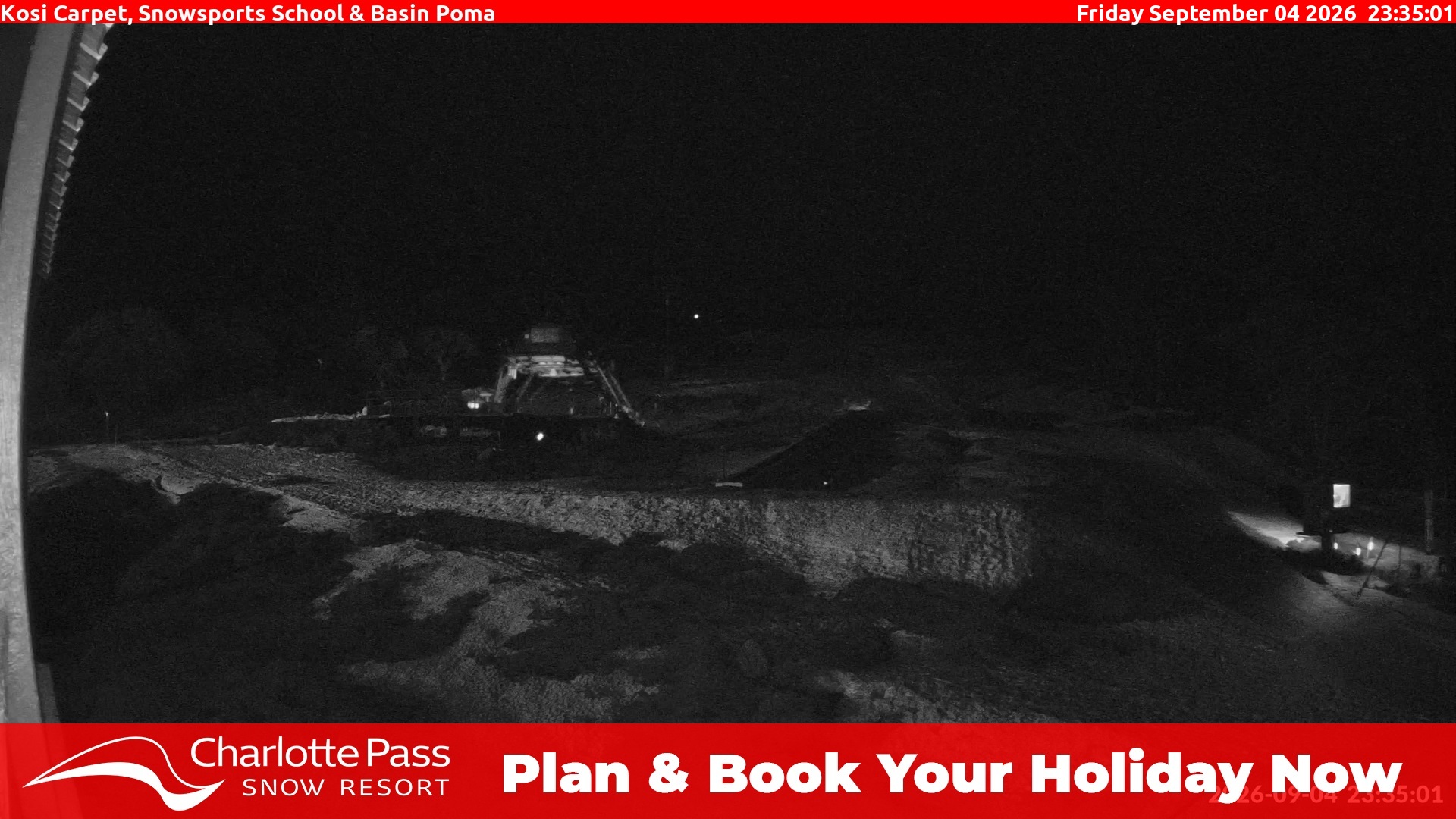 Charlotte Pass Kosi Carpet, Snowsports School and Basin Poma snow cam captured at 4 September 2026 at 11:35 pm AEST
