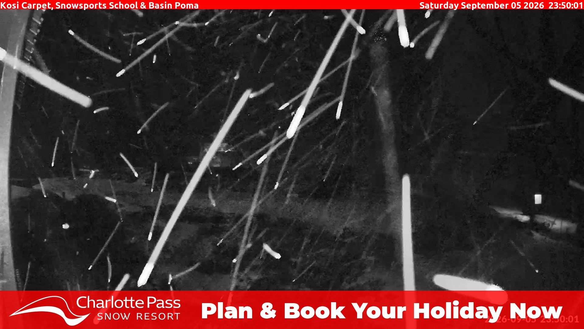 Charlotte Pass Kosi Carpet, Snowsports School and Basin Poma snow cam captured at 5 September 2026 at 11:50 pm AEST