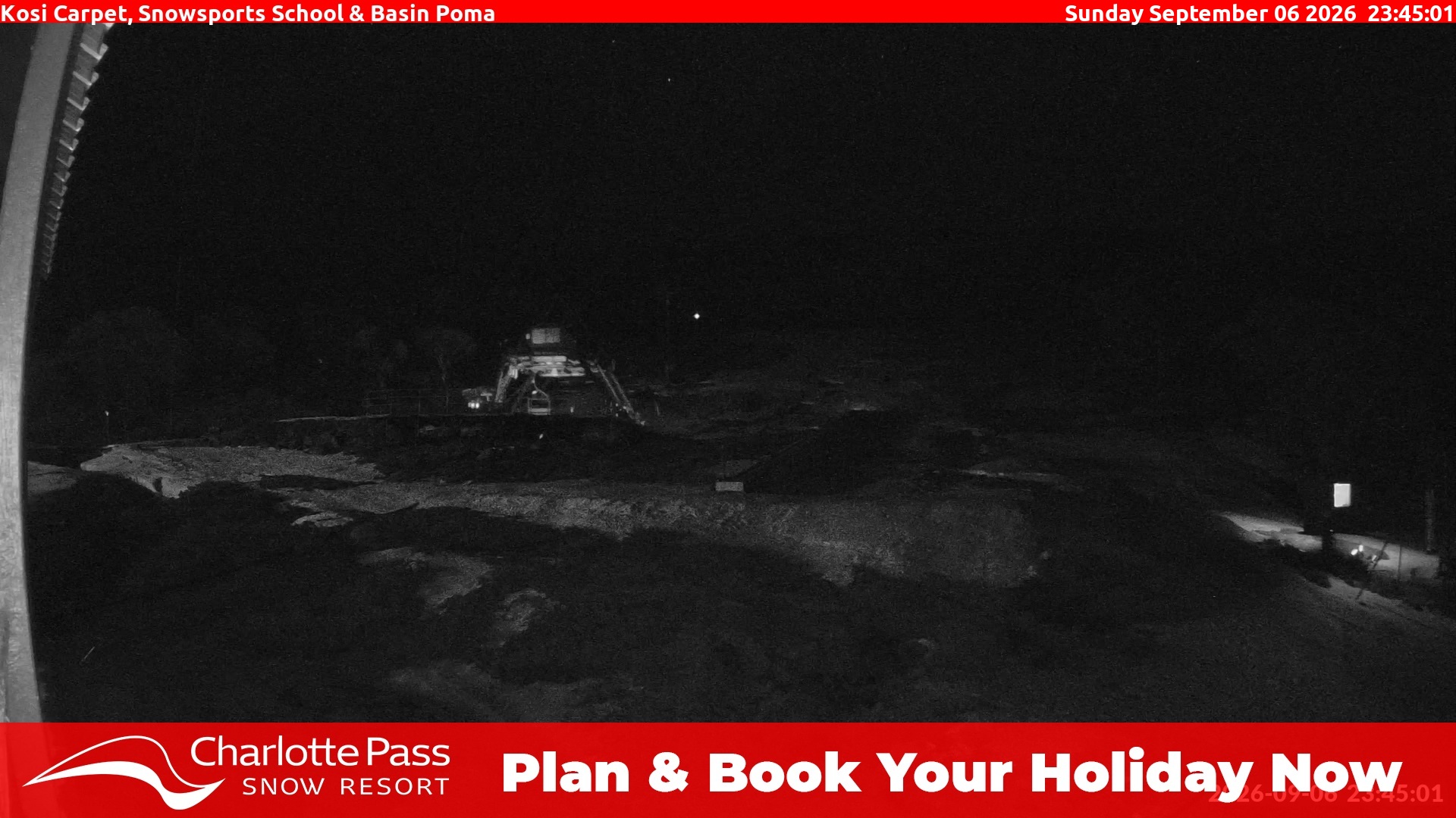 Charlotte Pass Kosi Carpet, Snowsports School and Basin Poma snow cam captured at 6 September 2026 at 11:50 pm AEST