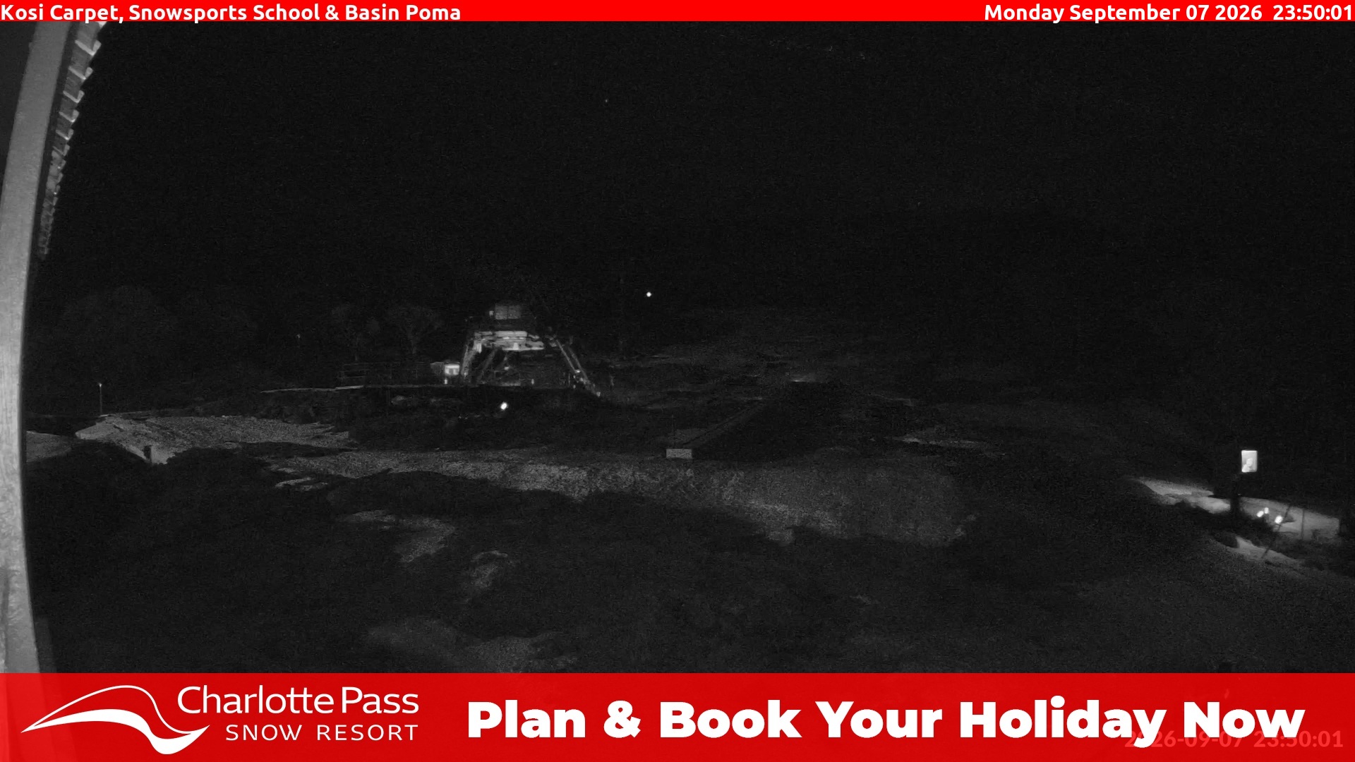 Charlotte Pass Kosi Carpet, Snowsports School and Basin Poma snow cam captured at 7 September 2026 at 11:51 pm AEST
