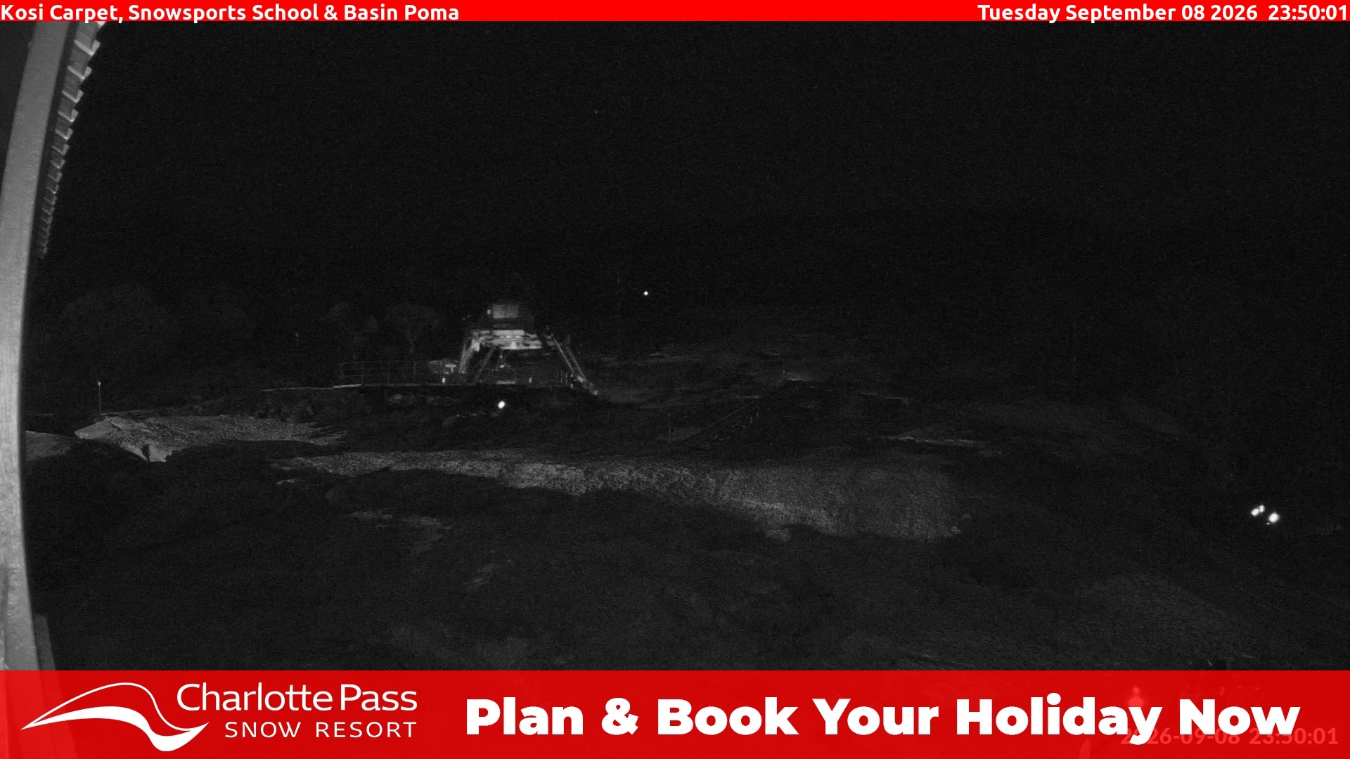 Charlotte Pass Kosi Carpet, Snowsports School and Basin Poma snow cam captured at 8 September 2026 at 11:52 pm AEST