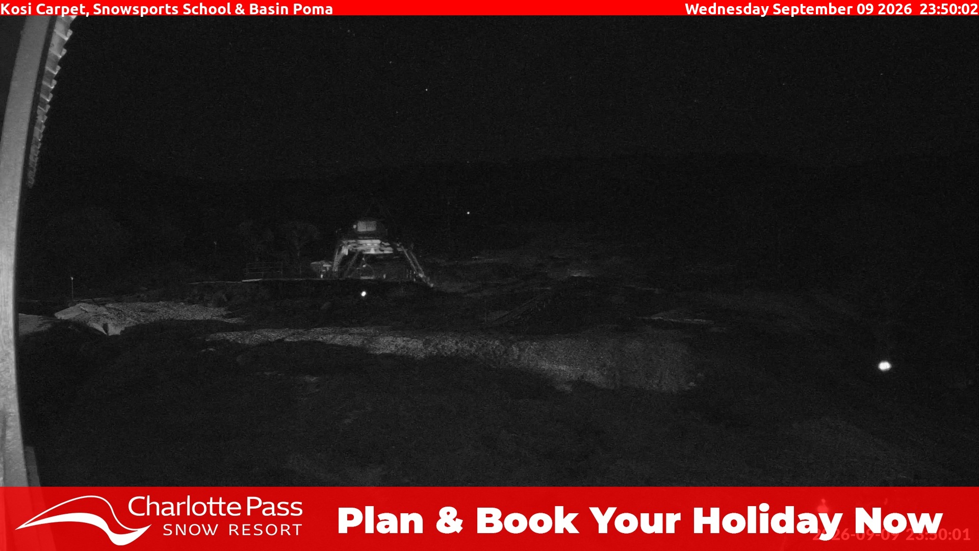 Charlotte Pass Kosi Carpet, Snowsports School and Basin Poma snow cam captured at 9 September 2026 at 11:54 pm AEST