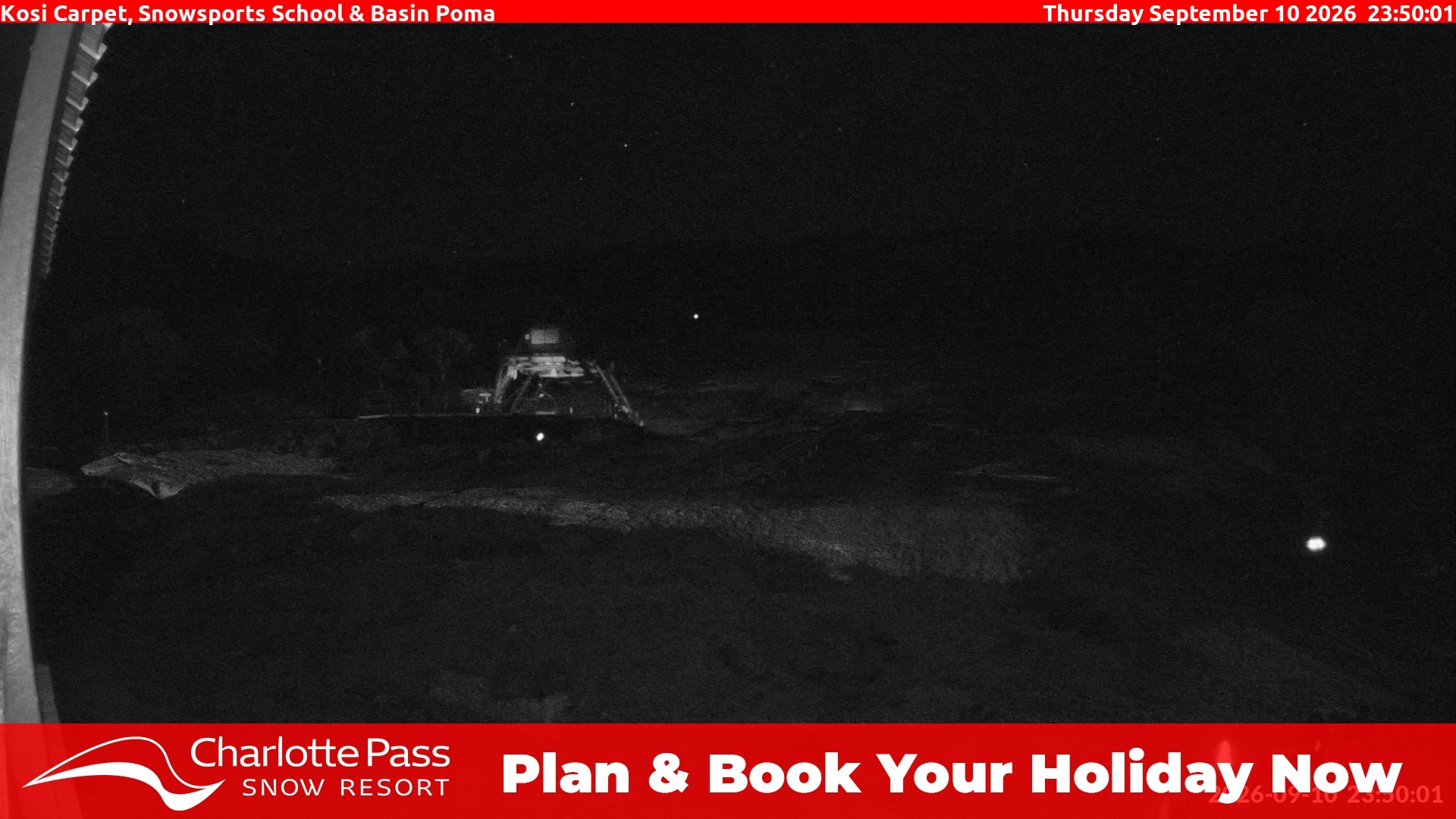 Charlotte Pass Kosi Carpet, Snowsports School and Basin Poma snow cam captured at 10 September 2026 at 11:53 pm AEST