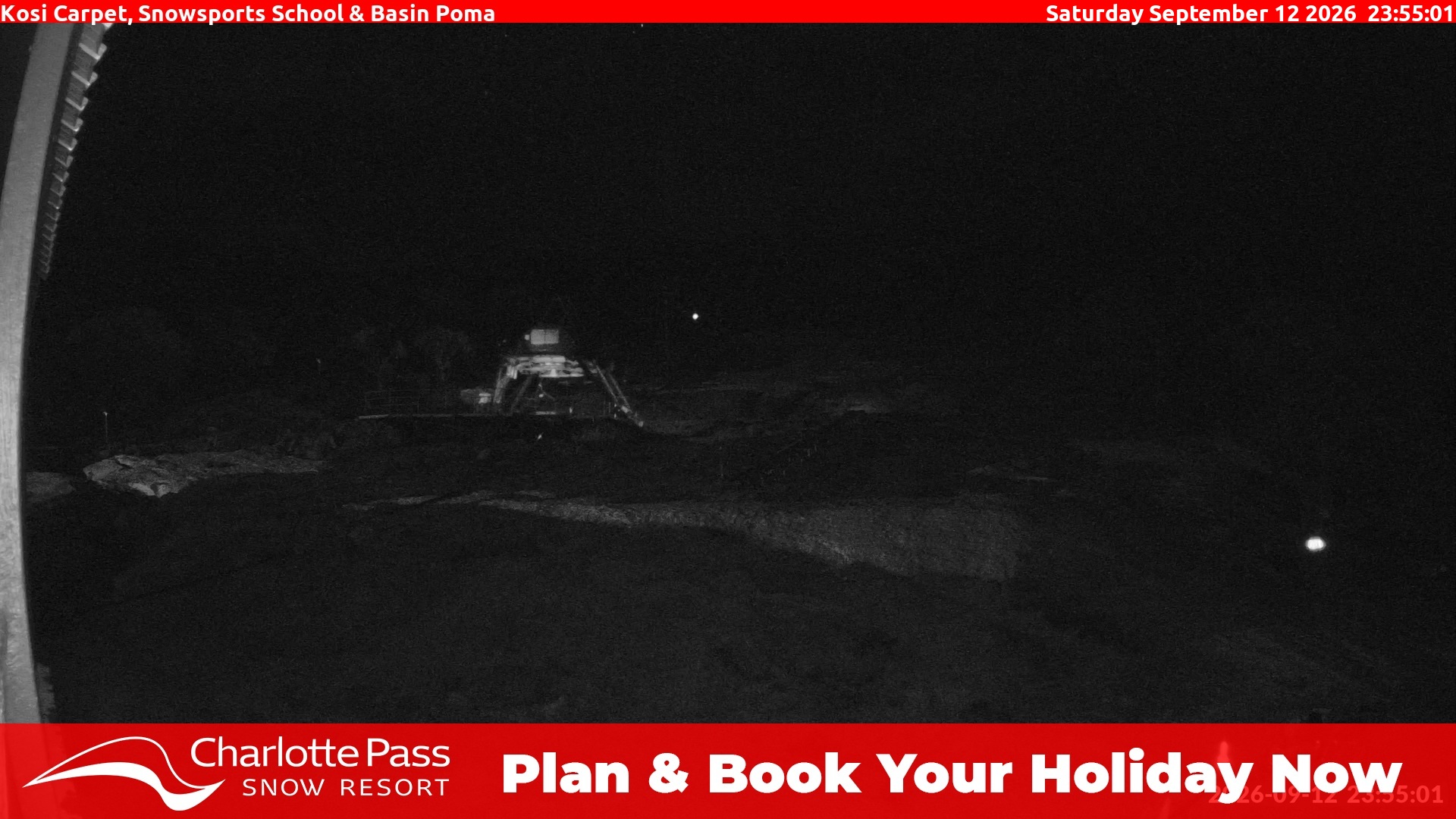 Charlotte Pass Kosi Carpet, Snowsports School and Basin Poma snow cam captured at 12 September 2026 at 11:57 pm AEST