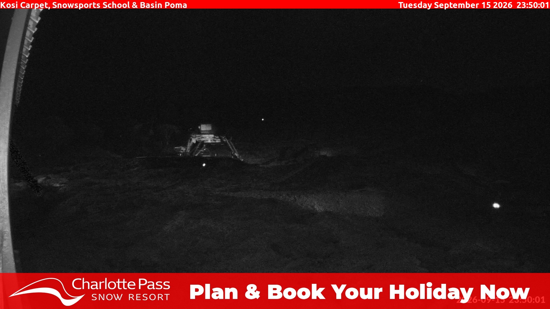 Charlotte Pass Kosi Carpet, Snowsports School and Basin Poma snow cam captured at 15 September 2026 at 11:54 pm AEST