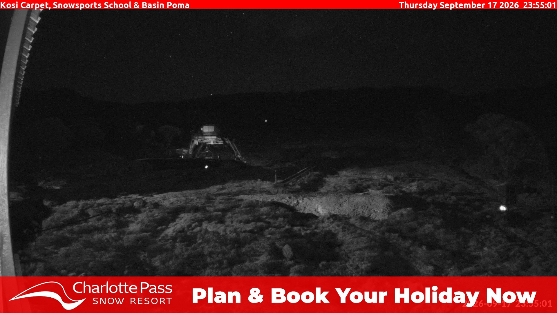 Charlotte Pass Kosi Carpet, Snowsports School and Basin Poma snow cam captured at 17 September 2026 at 11:58 pm AEST