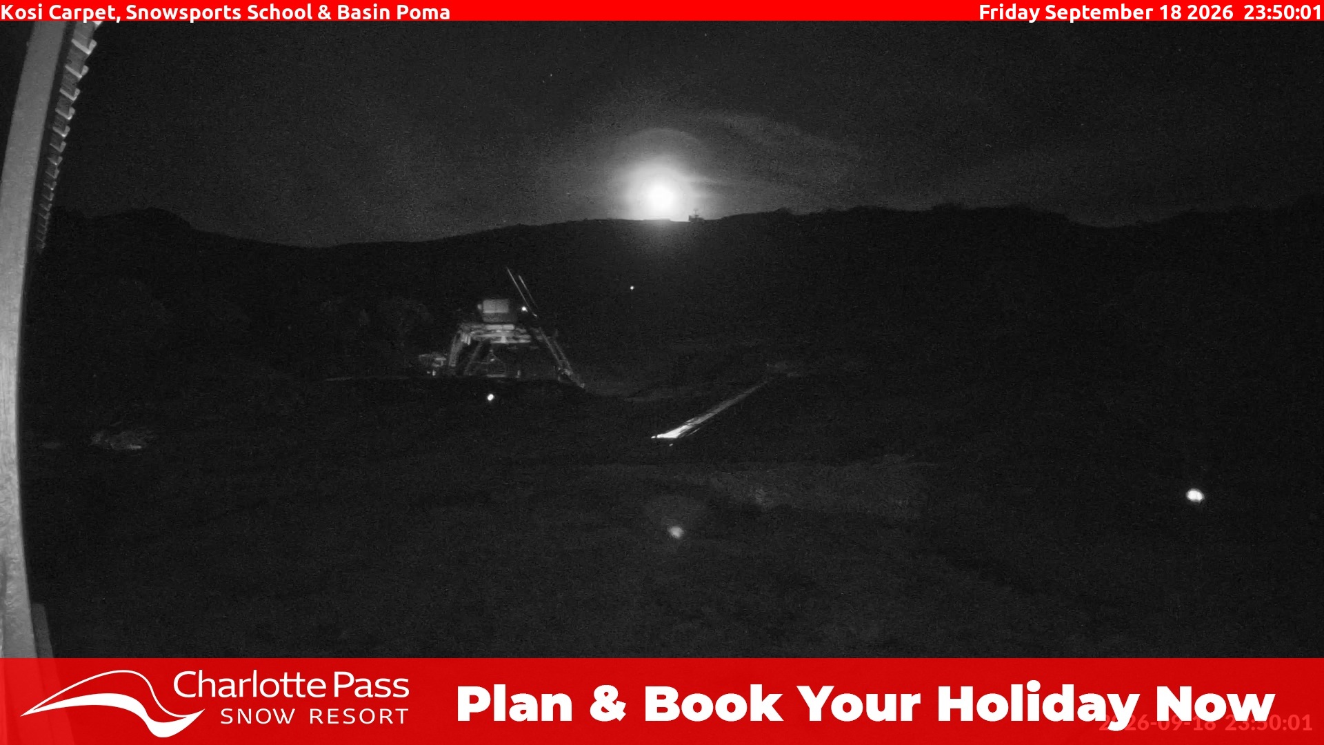 Charlotte Pass Kosi Carpet, Snowsports School and Basin Poma snow cam captured at 18 September 2026 at 11:53 pm AEST