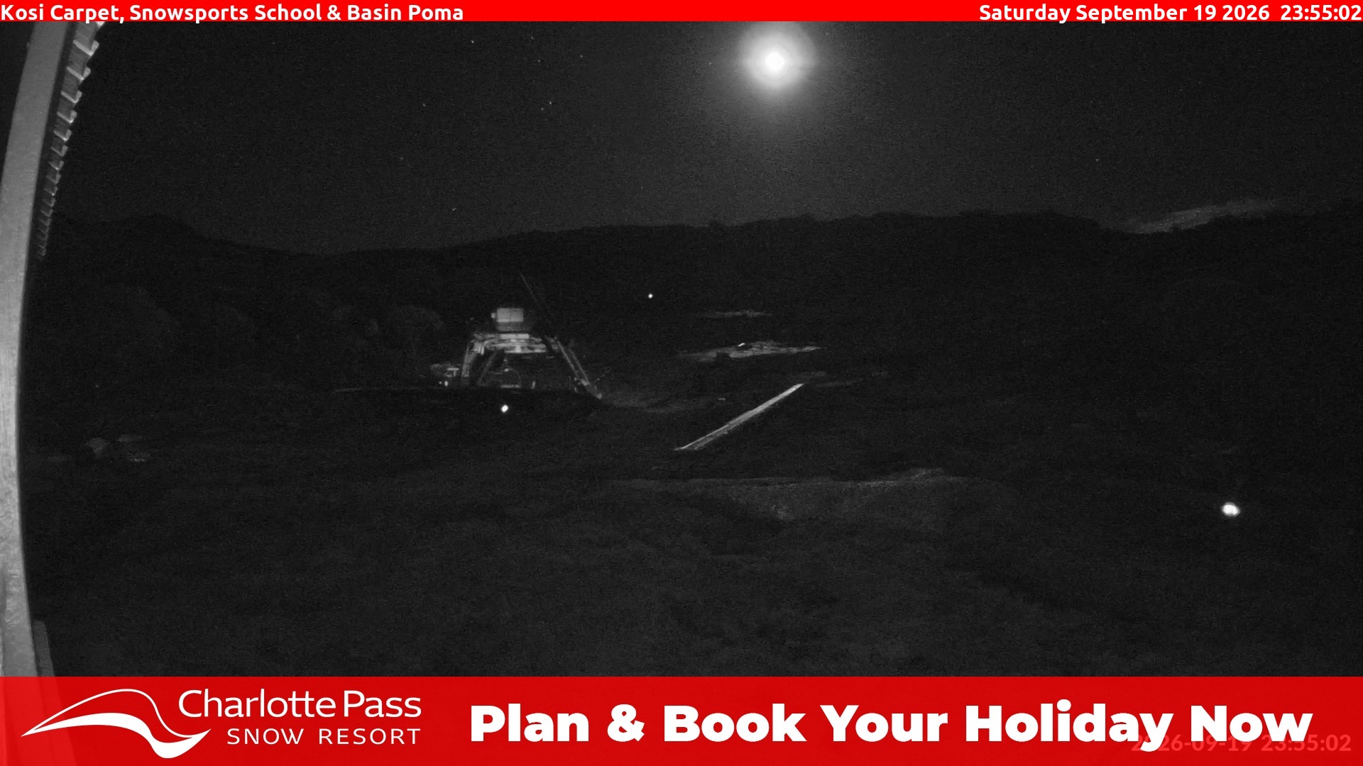Charlotte Pass Kosi Carpet, Snowsports School and Basin Poma snow cam captured at 19 September 2026 at 11:56 pm AEST
