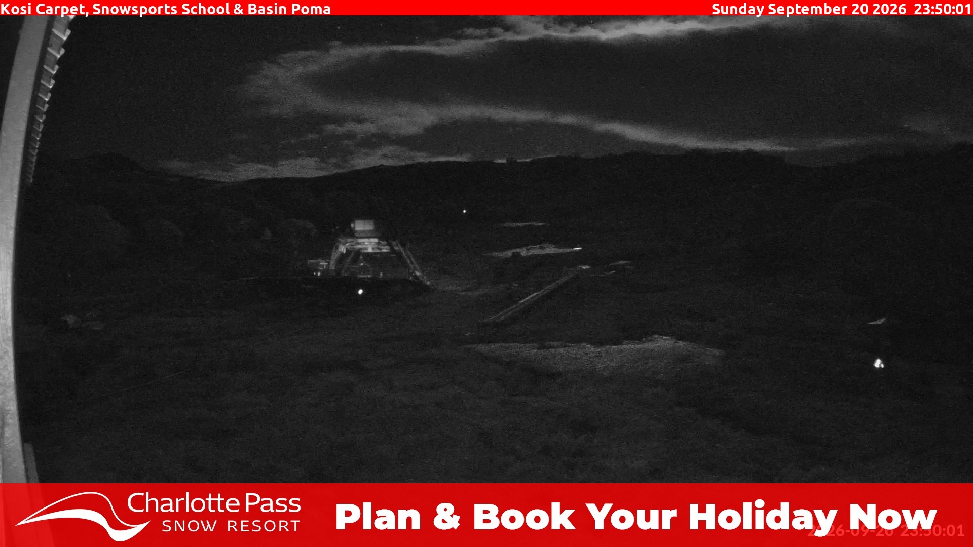 Charlotte Pass Kosi Carpet, Snowsports School and Basin Poma snow cam captured at 20 September 2026 at 11:53 pm AEST