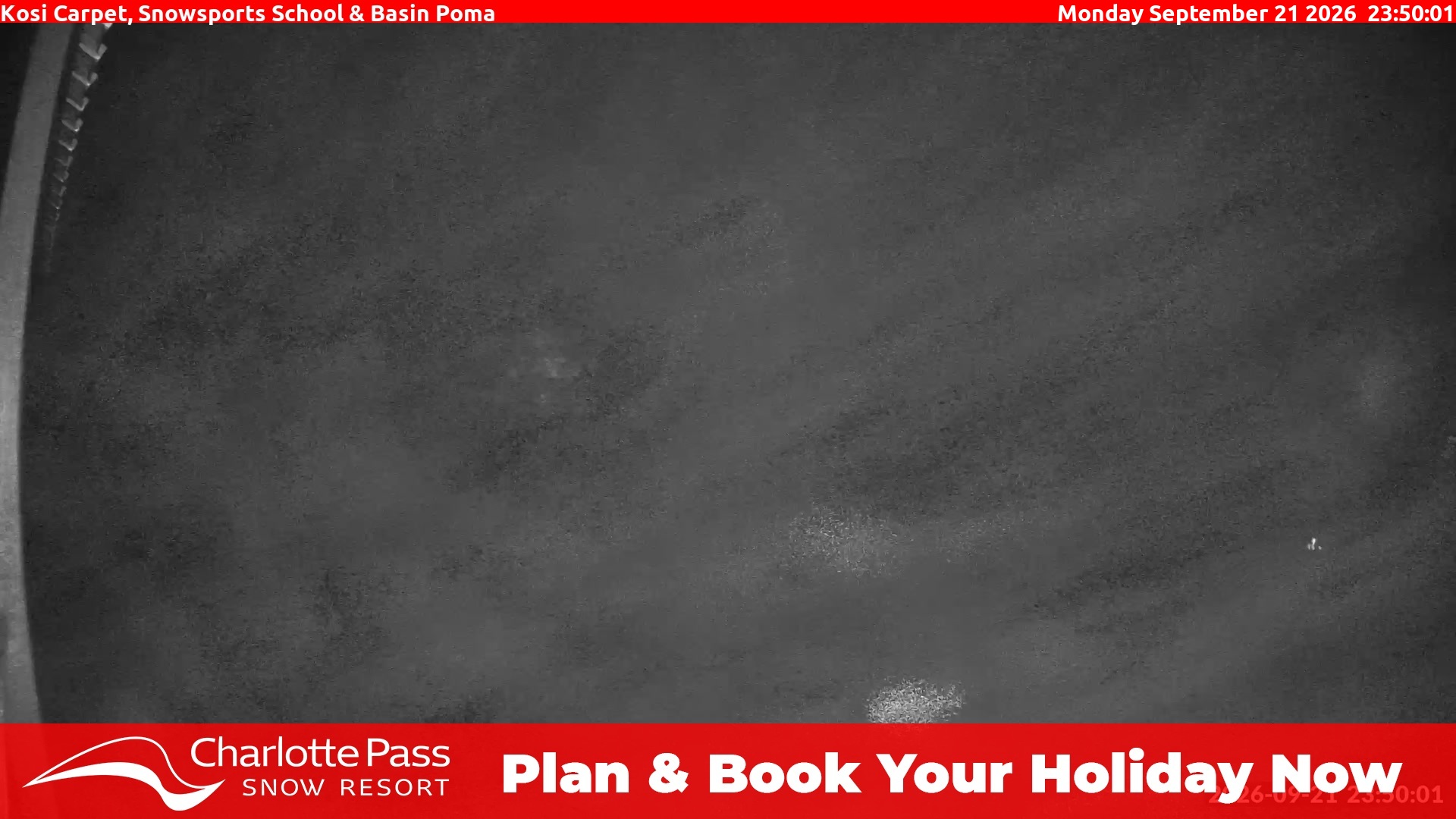 Charlotte Pass Kosi Carpet, Snowsports School and Basin Poma snow cam captured at 21 September 2026 at 11:54 pm AEST