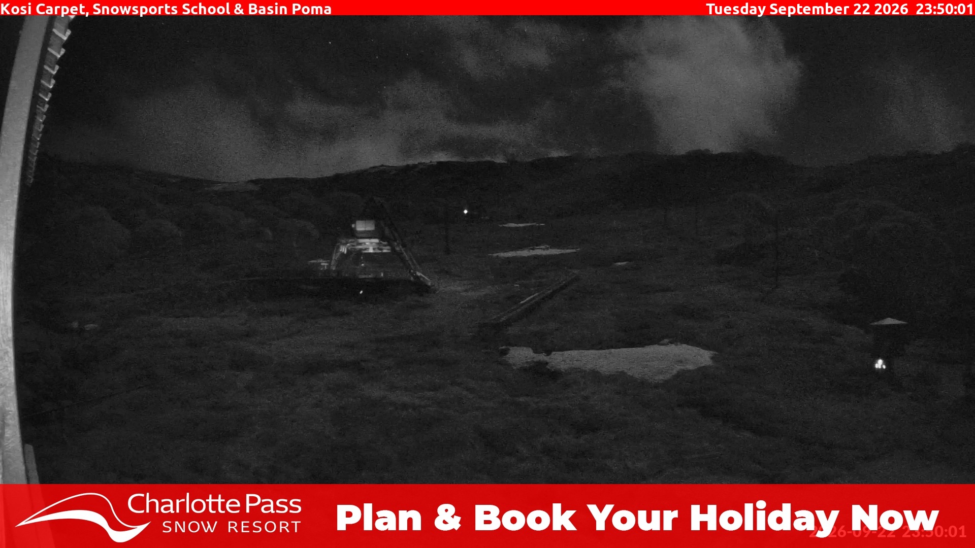 Charlotte Pass Kosi Carpet, Snowsports School and Basin Poma snow cam captured at 22 September 2026 at 11:54 pm AEST