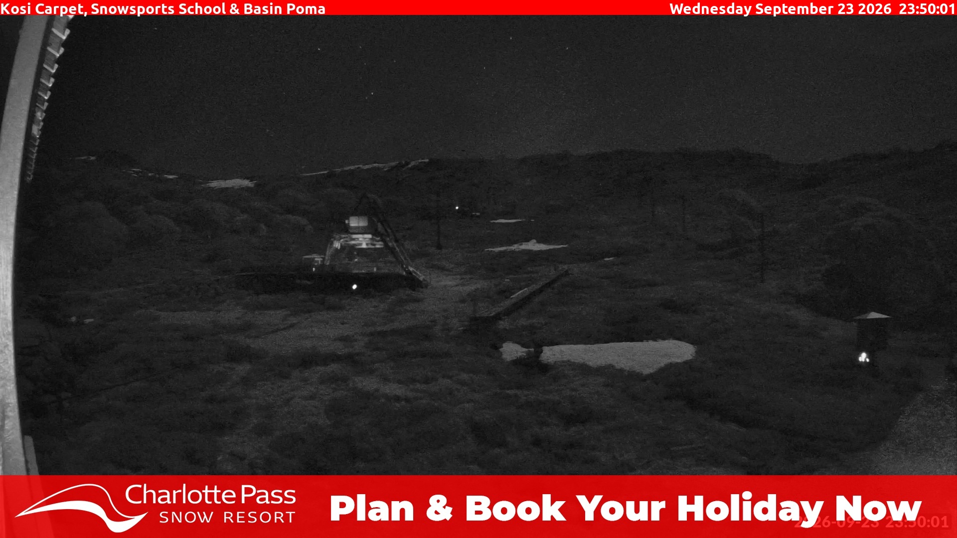 Charlotte Pass Kosi Carpet, Snowsports School and Basin Poma snow cam captured at 23 September 2026 at 11:51 pm AEST