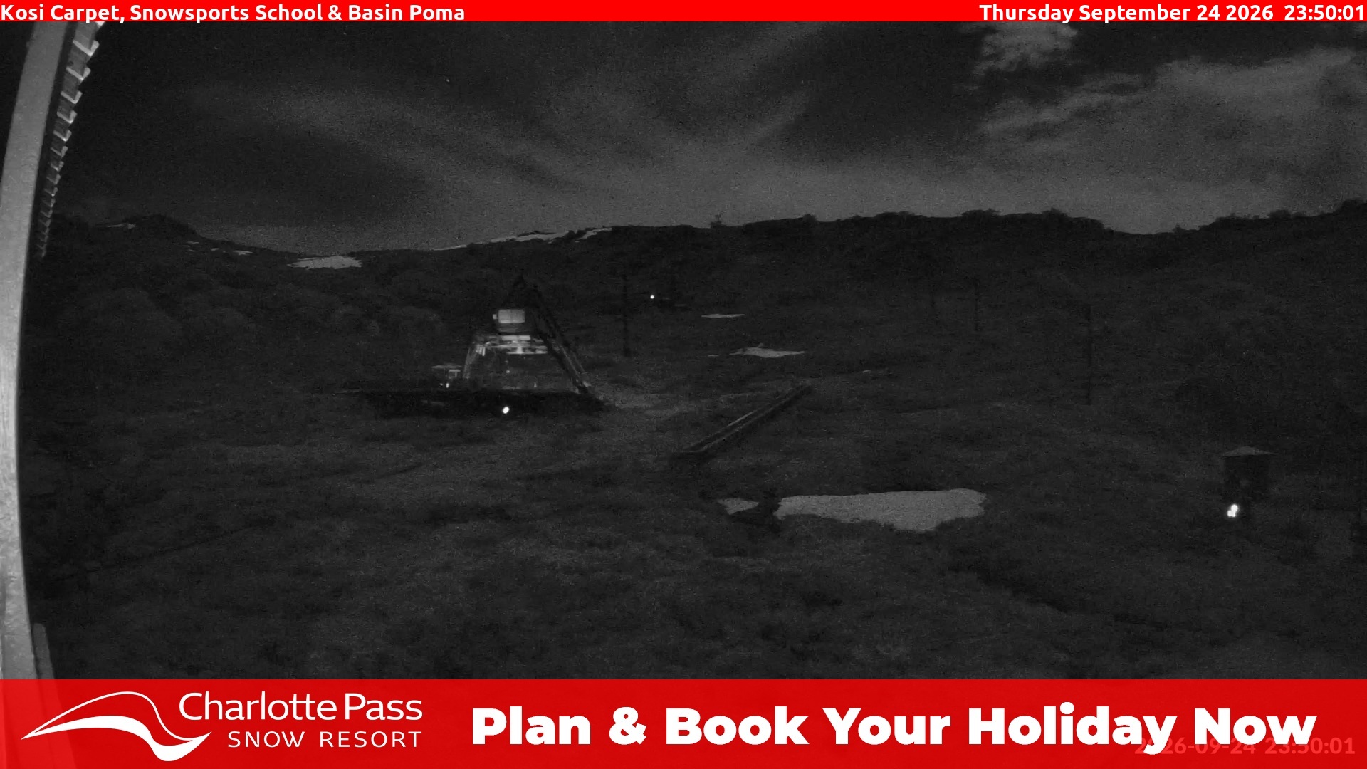 Charlotte Pass Kosi Carpet, Snowsports School and Basin Poma snow cam captured at 24 September 2026 at 11:55 pm AEST