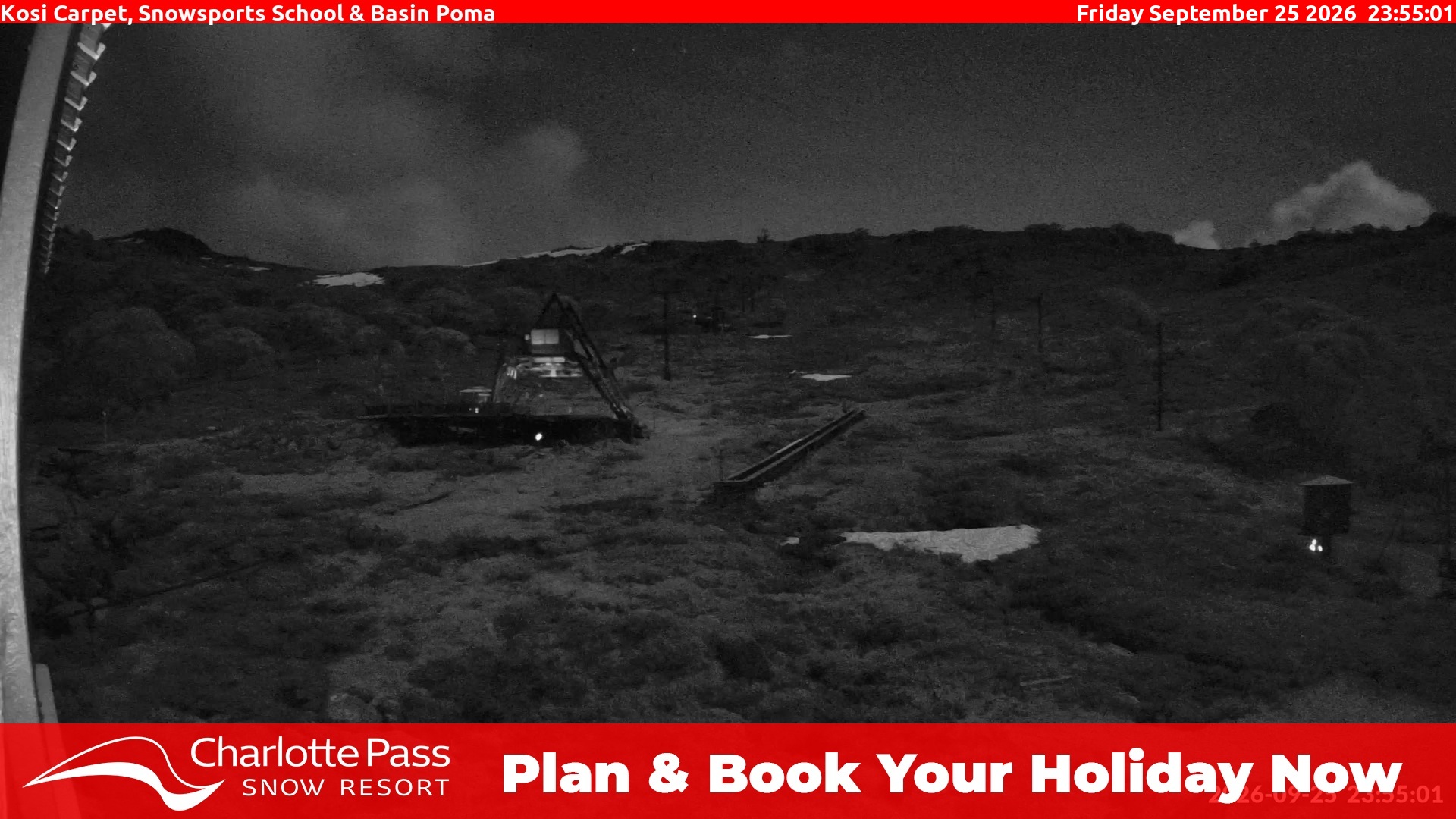 Charlotte Pass Kosi Carpet, Snowsports School and Basin Poma snow cam captured at 25 September 2026 at 11:57 pm AEST