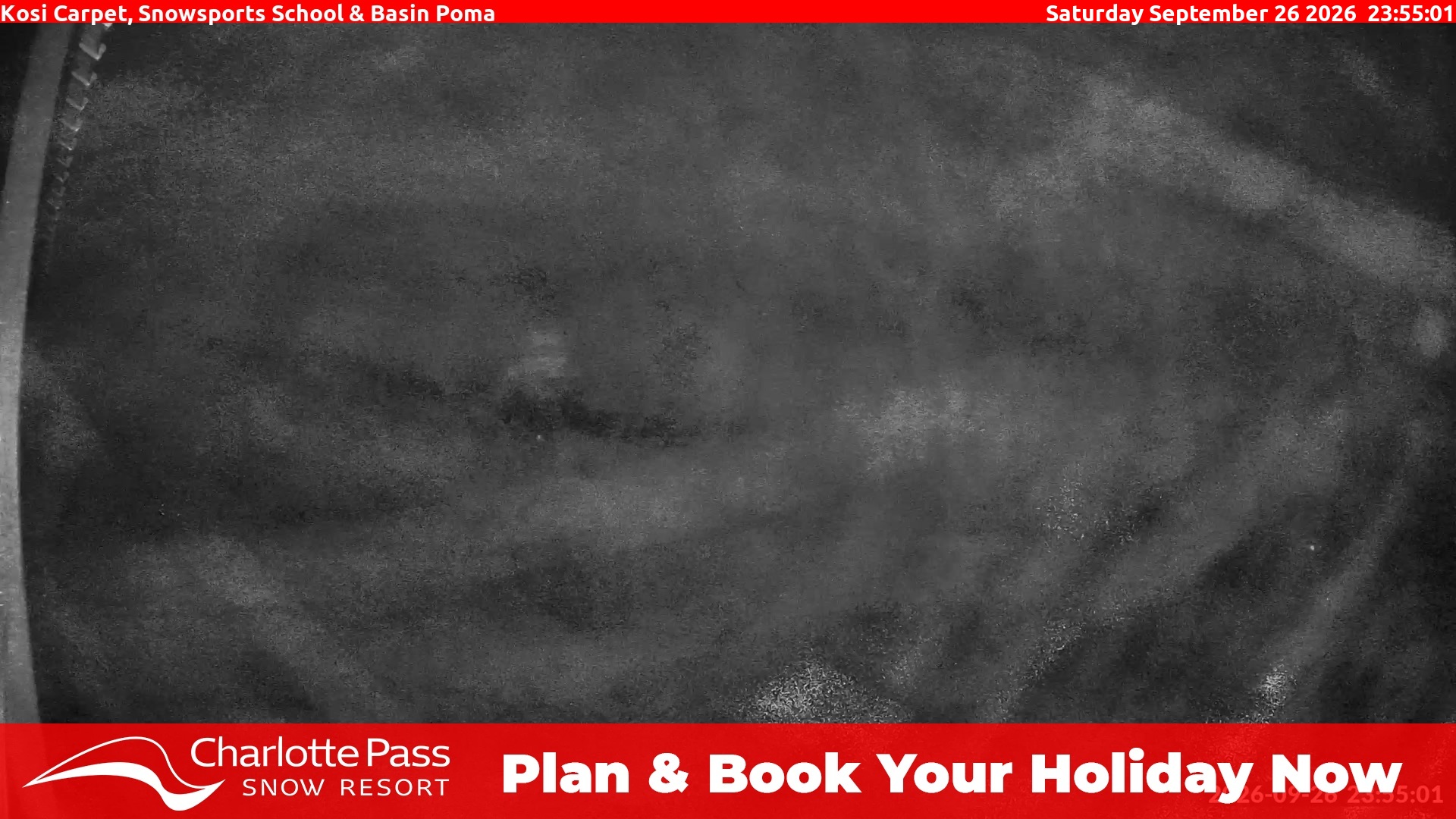 Charlotte Pass Kosi Carpet, Snowsports School and Basin Poma snow cam captured at 26 September 2026 at 11:58 pm AEST