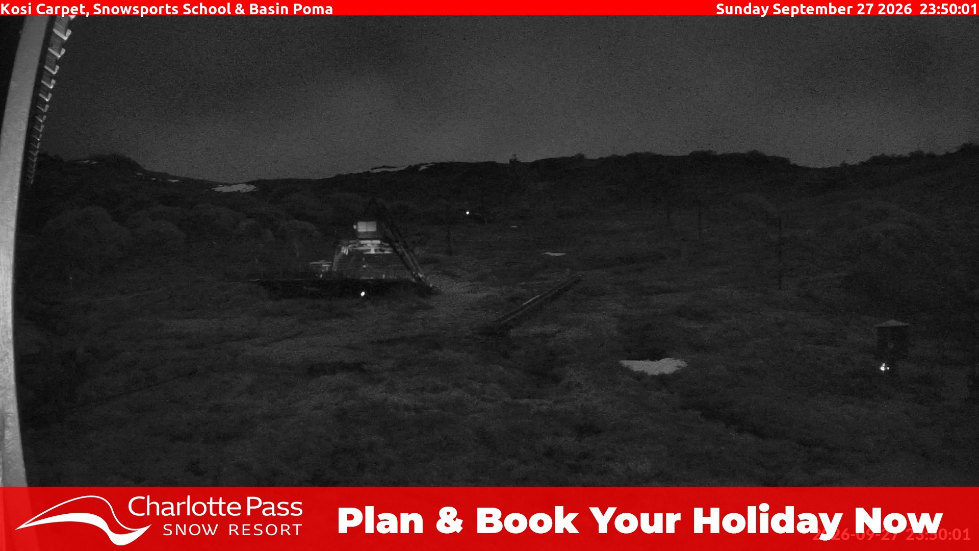 Charlotte Pass Kosi Carpet, Snowsports School and Basin Poma snow cam captured at 27 September 2026 at 11:53 pm AEST