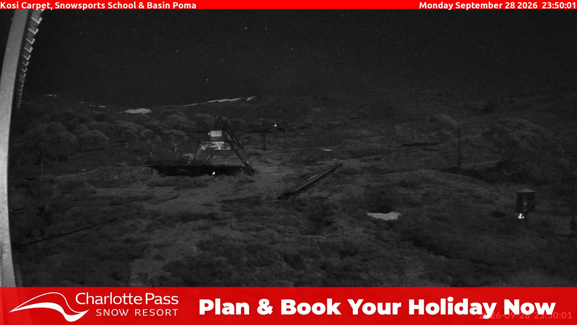 Charlotte Pass Kosi Carpet, Snowsports School and Basin Poma snow cam captured at 28 September 2026 at 11:53 pm AEST