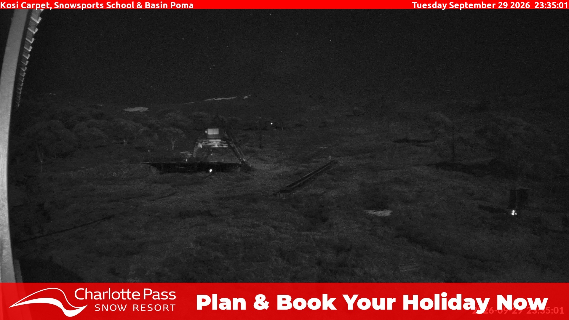 Charlotte Pass Kosi Carpet, Snowsports School and Basin Poma snow cam captured at 29 September 2026 at 11:38 pm AEST