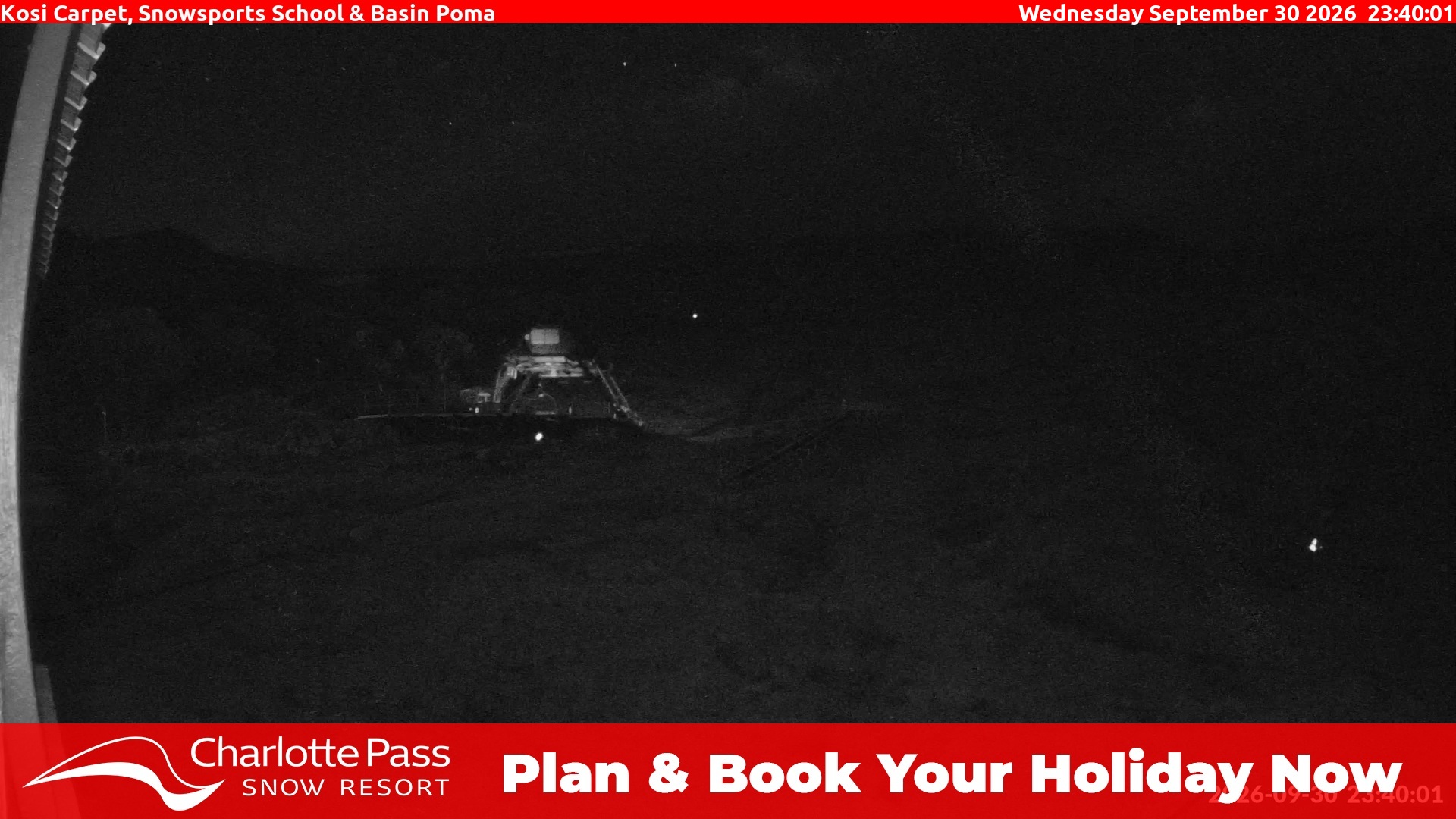 Charlotte Pass Kosi Carpet, Snowsports School and Basin Poma snow cam captured at 30 September 2026 at 11:40 pm AEST